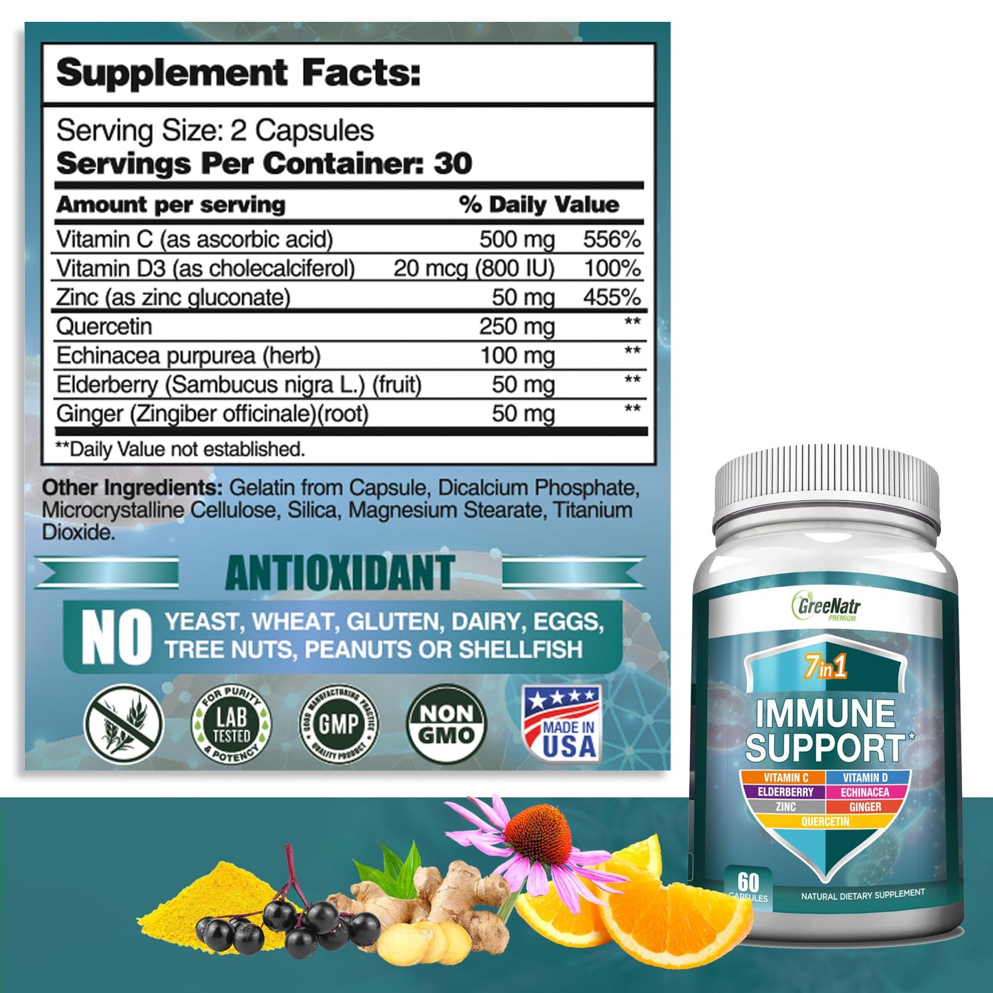 GreeNatr 7 in 1 Immune Support Supplement with Vitamin C, Vitamin D3, Zinc 50mg, Quercetin, Echinacea Purpurea, Sambucus Elderberry and Ginger, 360 Capsules
