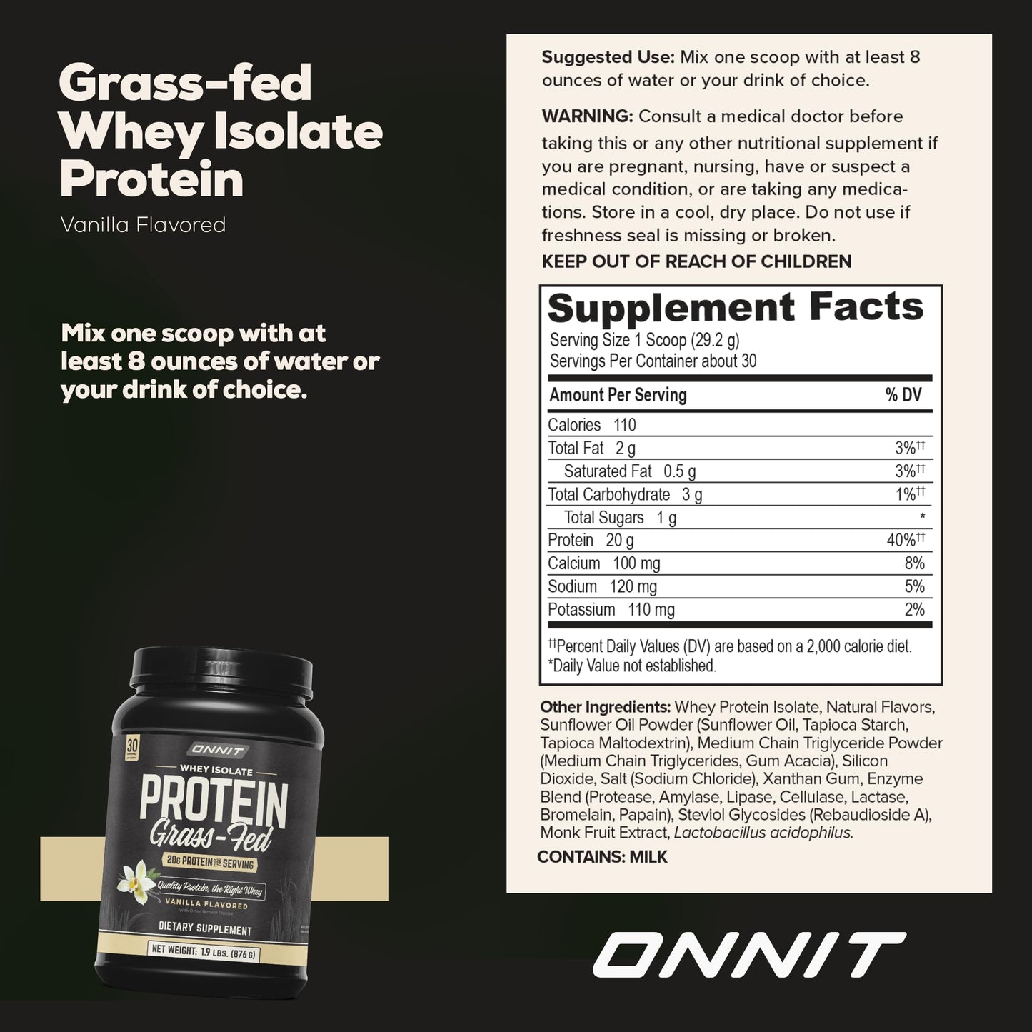 ONNIT Grass Fed Whey Isolate Protein Powder, Vanilla, 30.48 oz