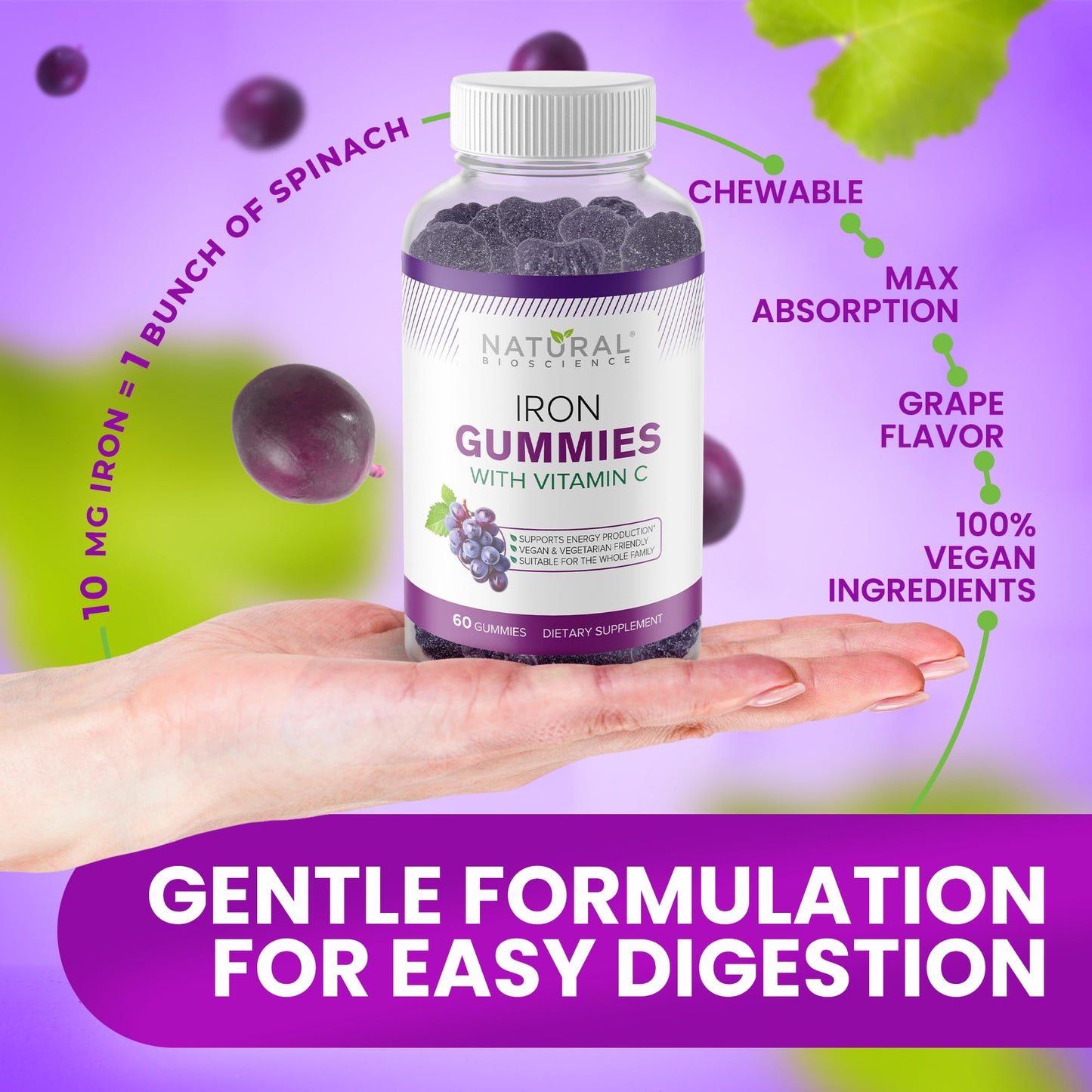 Natural BioScience Iron Gummies with Vitamin C - Chewable Iron Supplement for Adults & Kids, Max Absorption, 60 Vegan Gummies