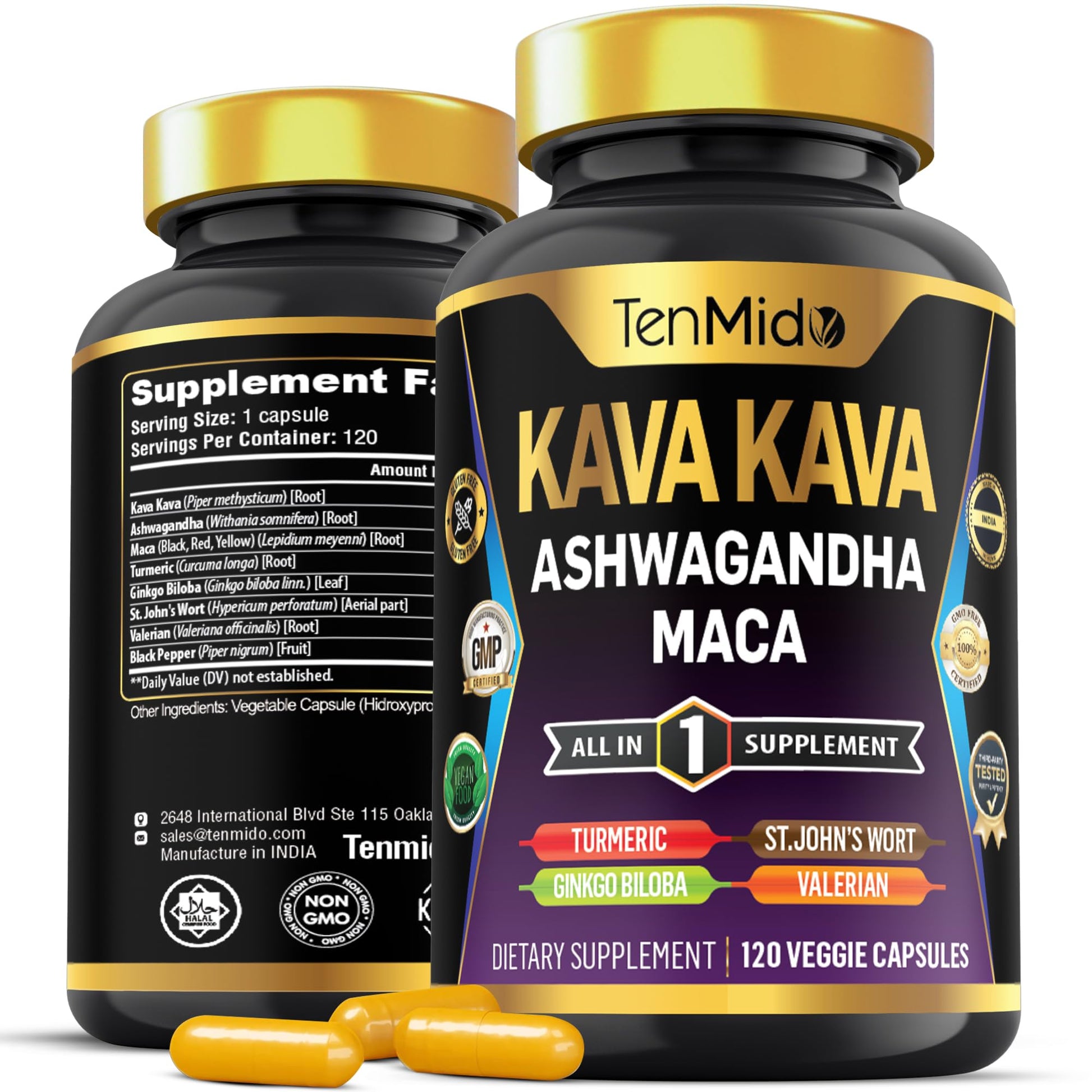 Tenmido Kava Kava Root Supplement Capsules 120 Count