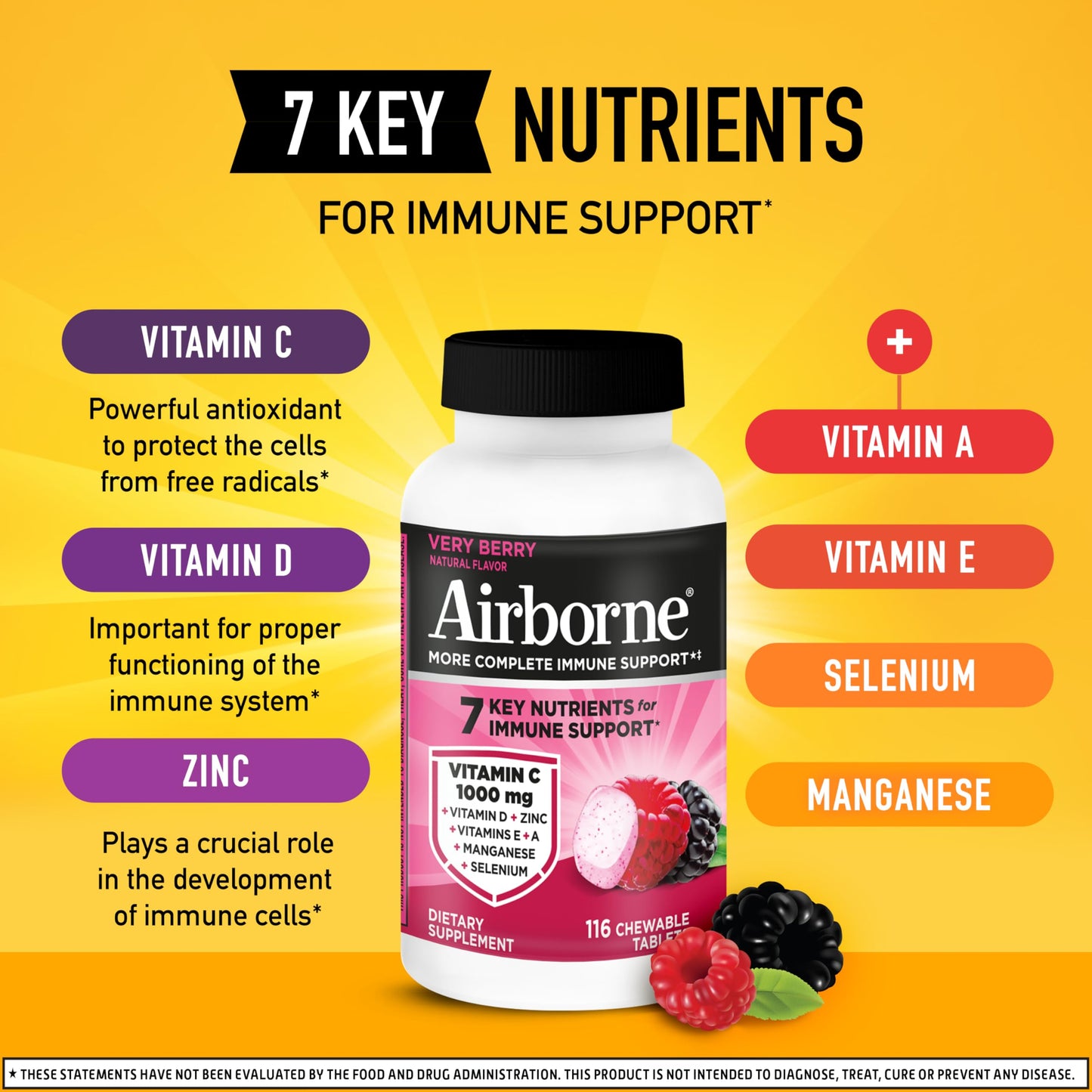 Airborne 1000mg Vitamin C + Zinc Immune Support Chewable Tablets, Berry Flavor, 116 Count