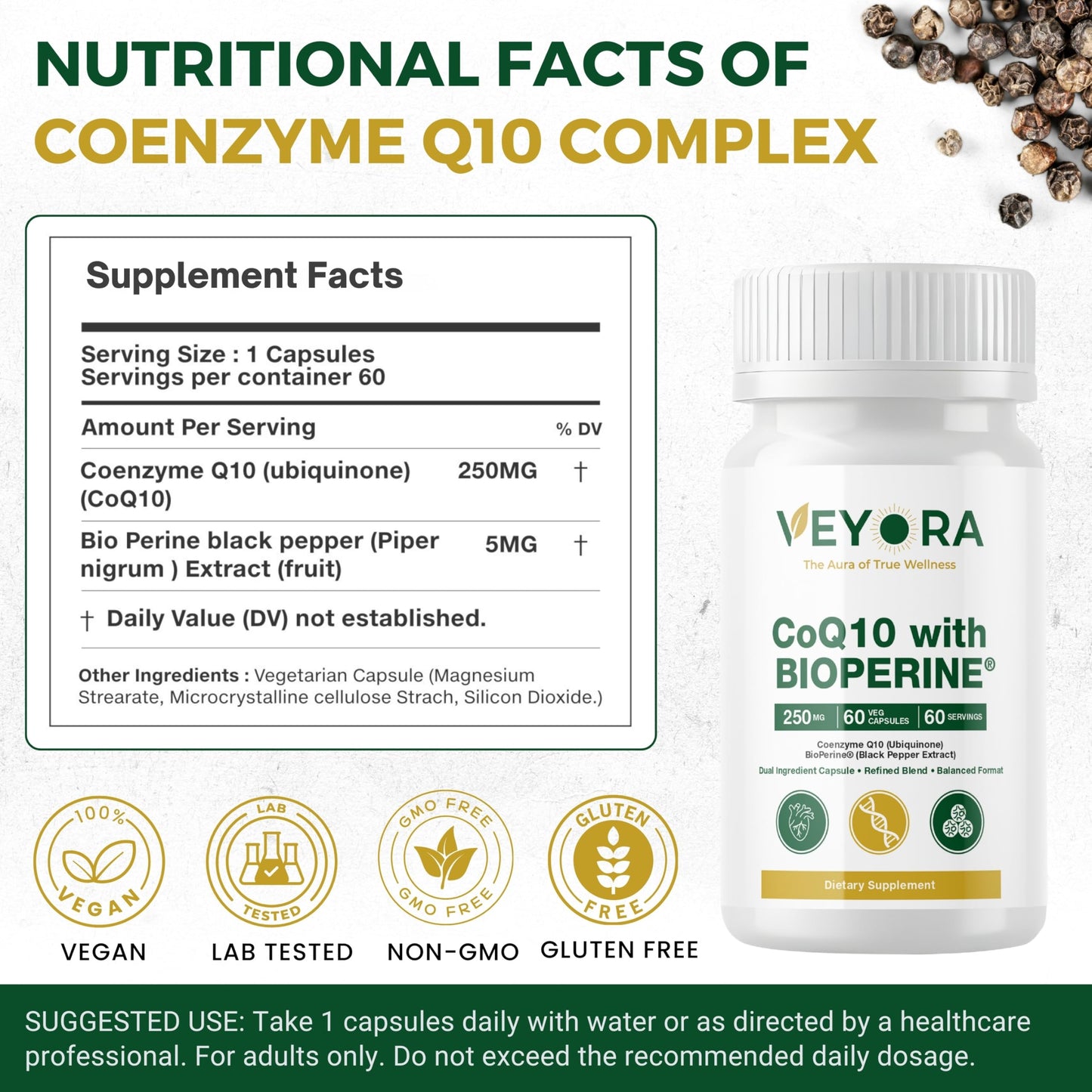 VEYORA CoQ10 with BioPerine 250 mg Capsules, 60 Vegan Capsules