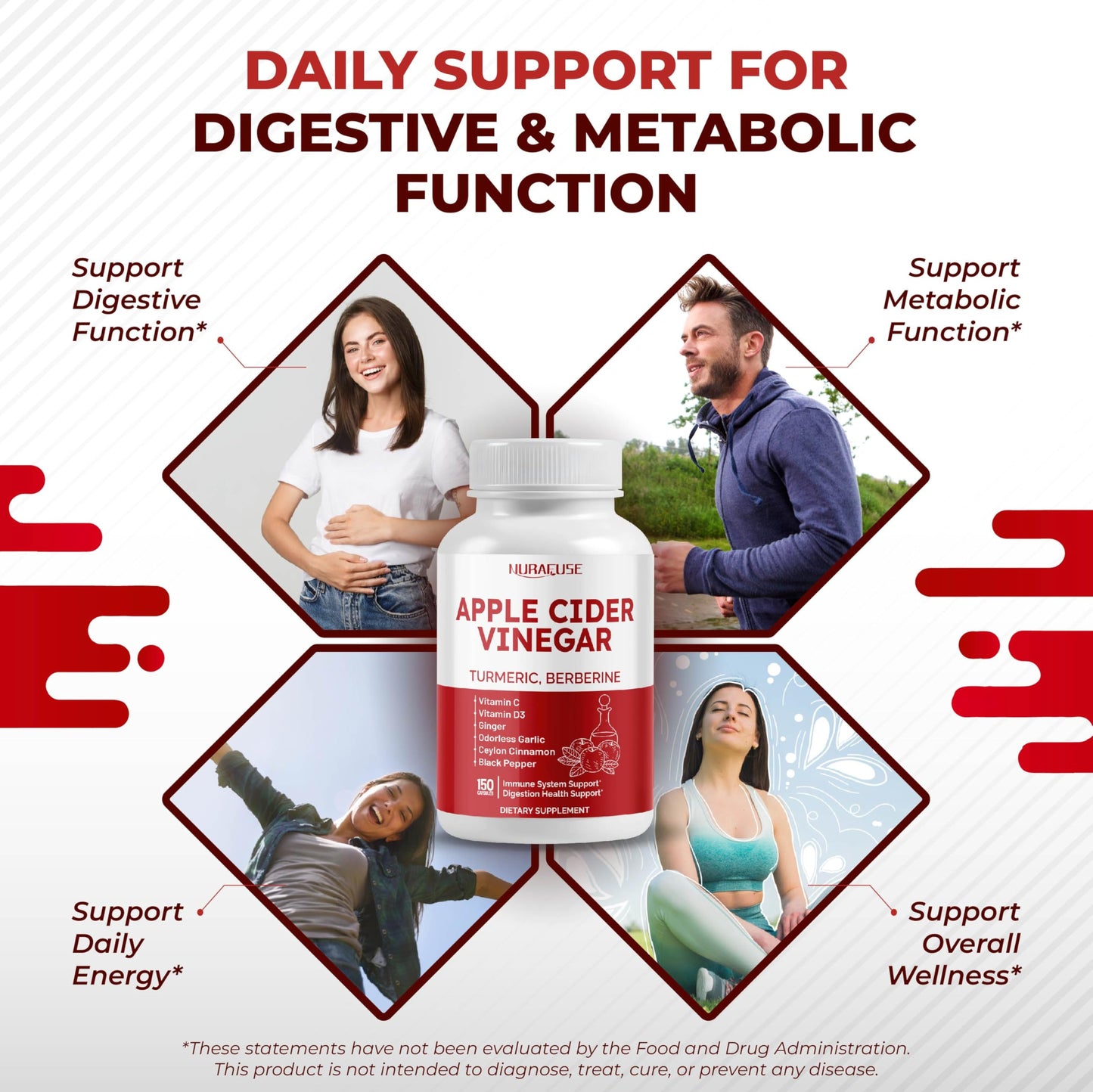 NURAFUSE Apple Cider Vinegar 14-in-1 Supplement Capsule with Turmeric, Ginger, Garlic, Cinnamon, Fenugreek, Blueberry, Milk Thistle, Banaba, 150 Count