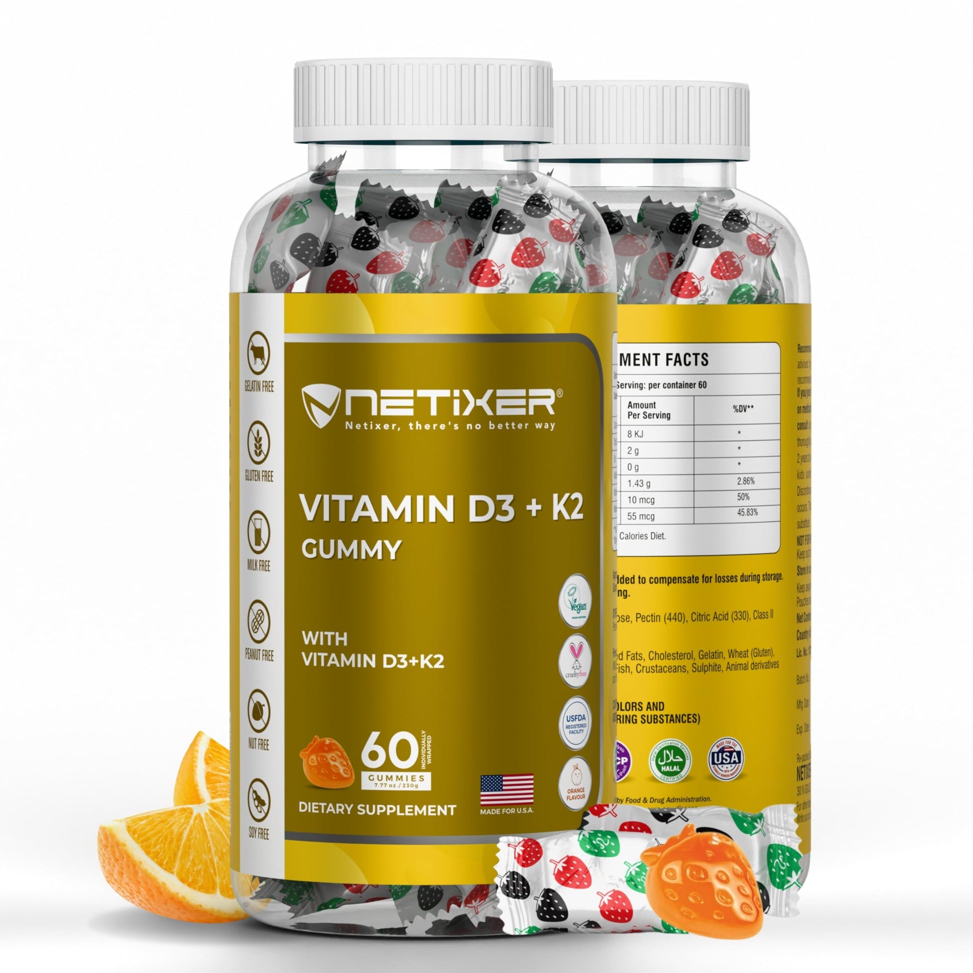 nETiXER Vitamin D3 K2 Gummies for Adults, 60 Count