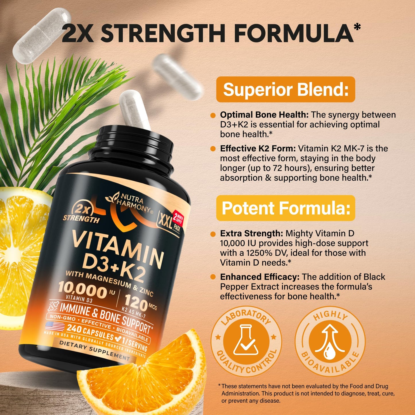 NUTRAHARMONY Vitamin D3 K2 10000 IU & MK-7 120 mcg 240 Capsules