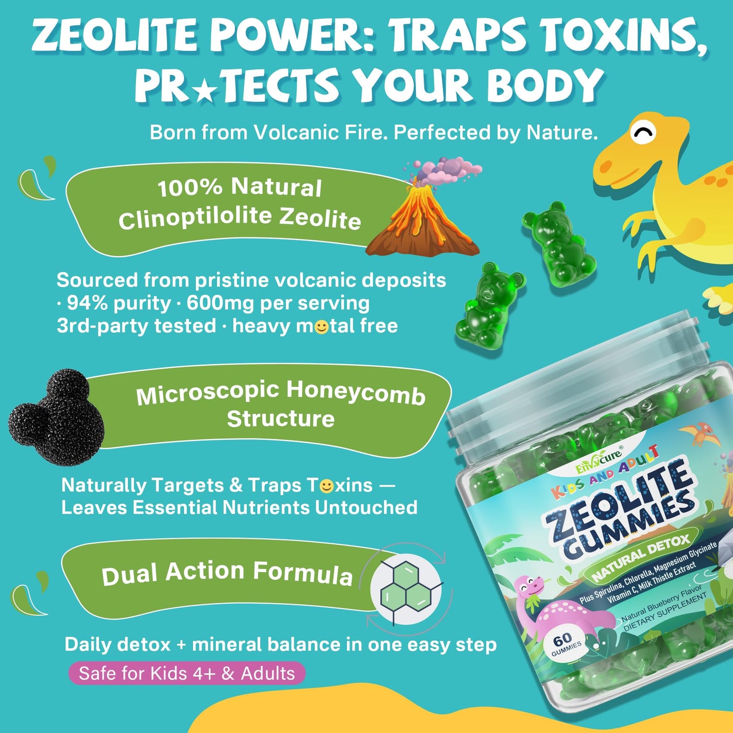 EnvyCure Zeolite Detox Gummies for Kids & Adults Sugar-Free with Spirulina, Chlorella, Milk Thistle, Magnesium Glycinate, Calcium Citrate for Energy, Focus, Digestive, Immune, Antioxidant, 60 Gummies