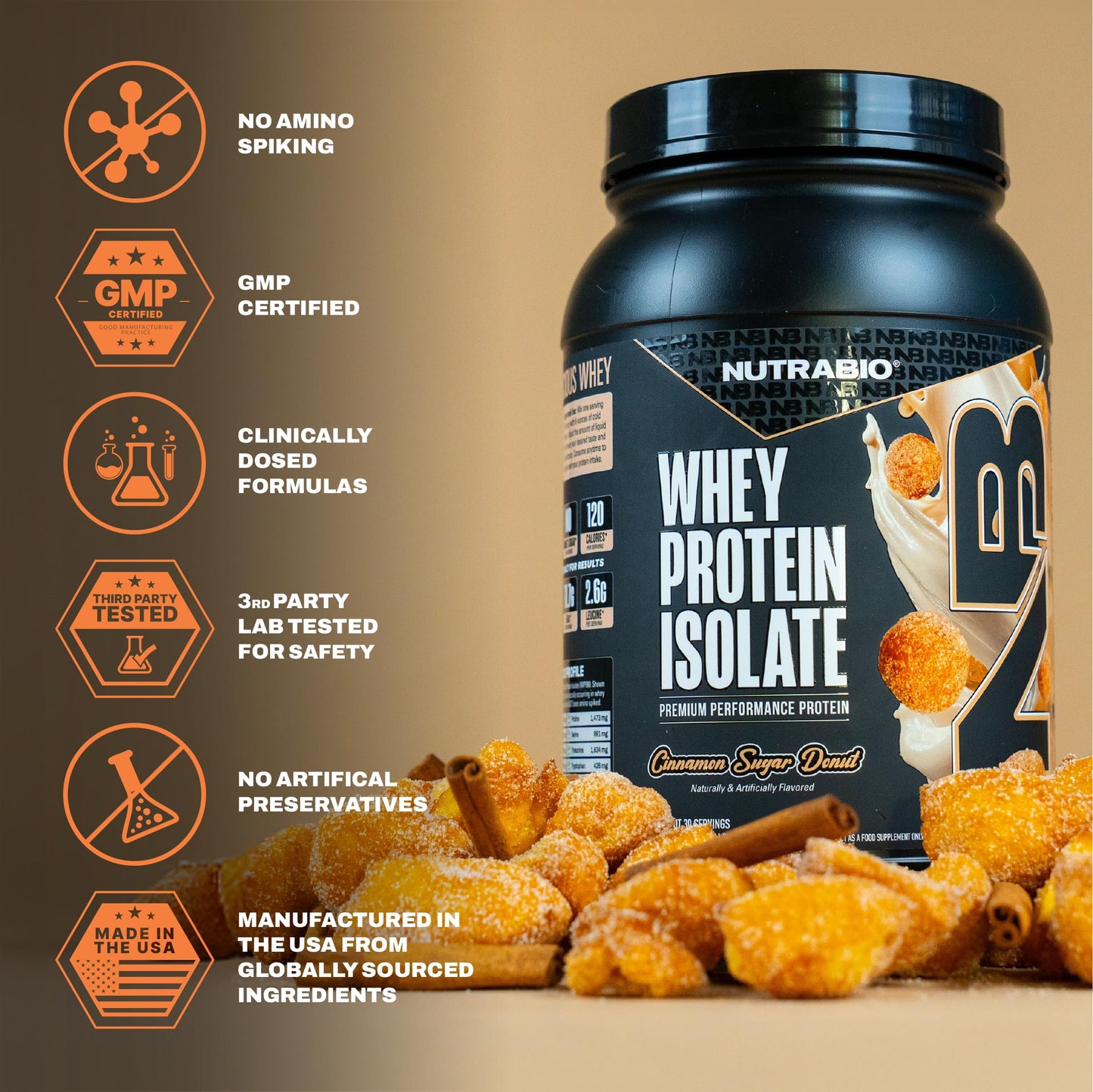 NutraBio 100% Whey Protein Isolate Protein Powder Cinnamon Sugar Donut, 32 Servings