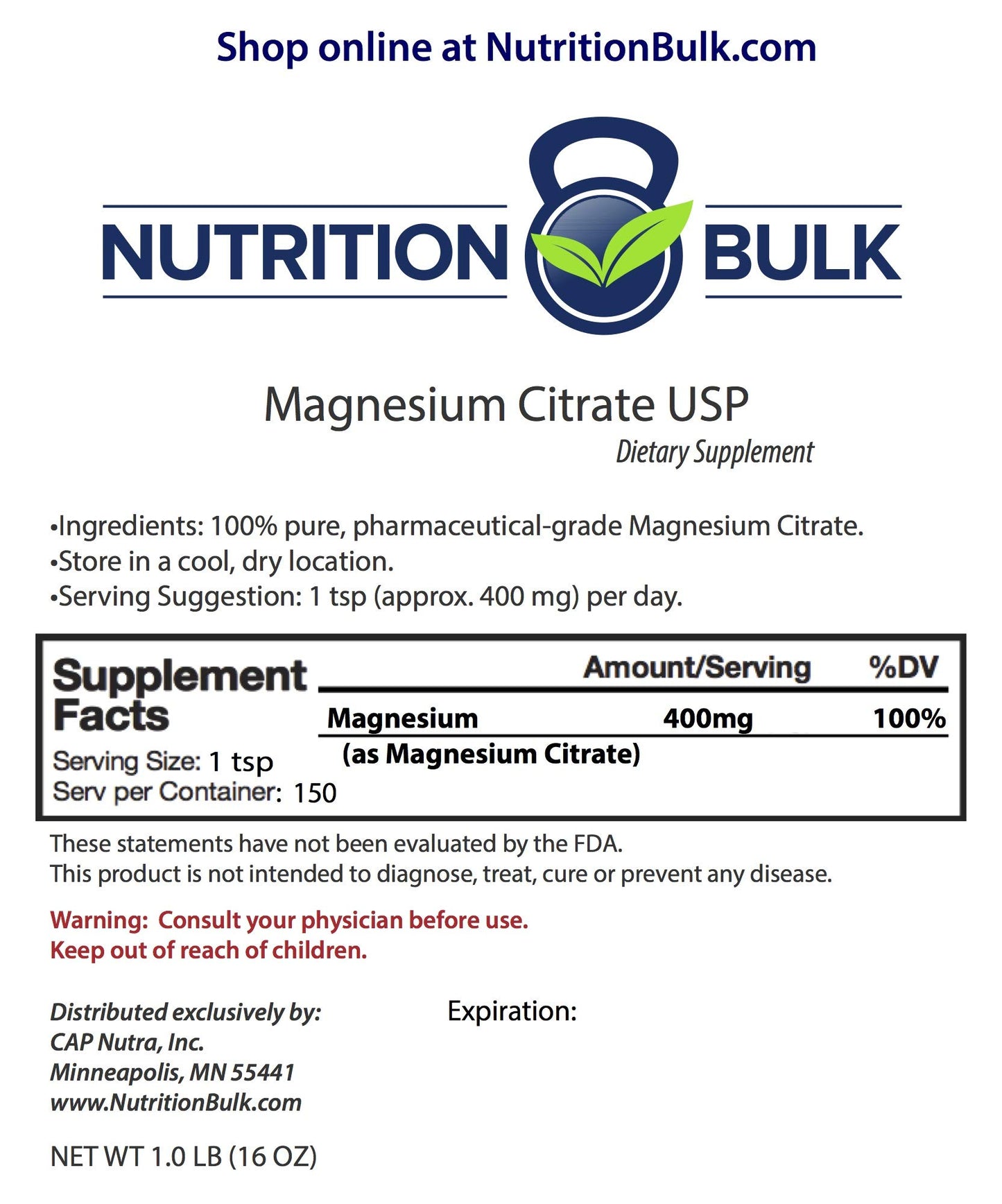 Nutrition Bulk Magnesium Citrate Powder USP, 15.98 oz