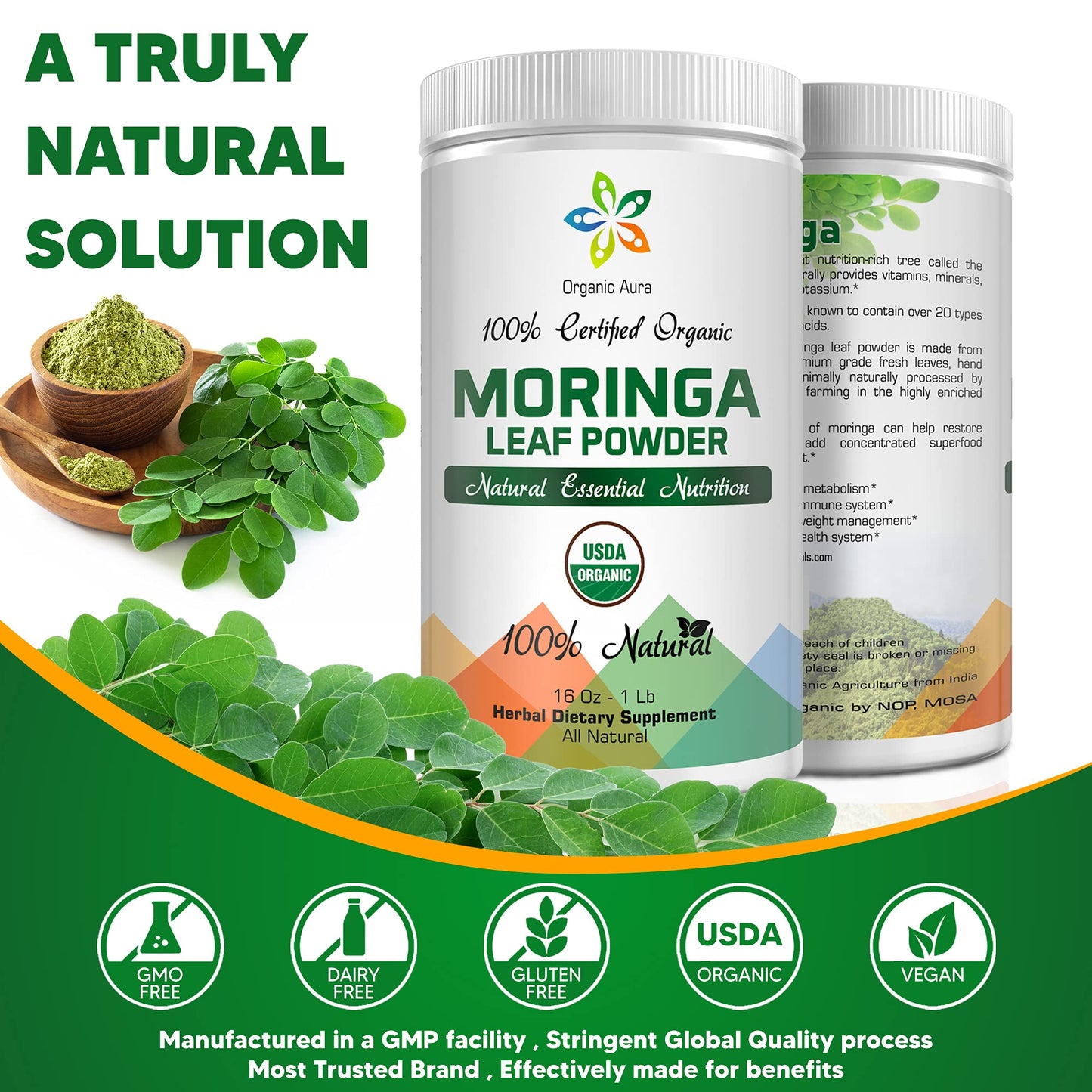 Organic Aura International Certified Organic Moringa Leaf Powder 8 oz