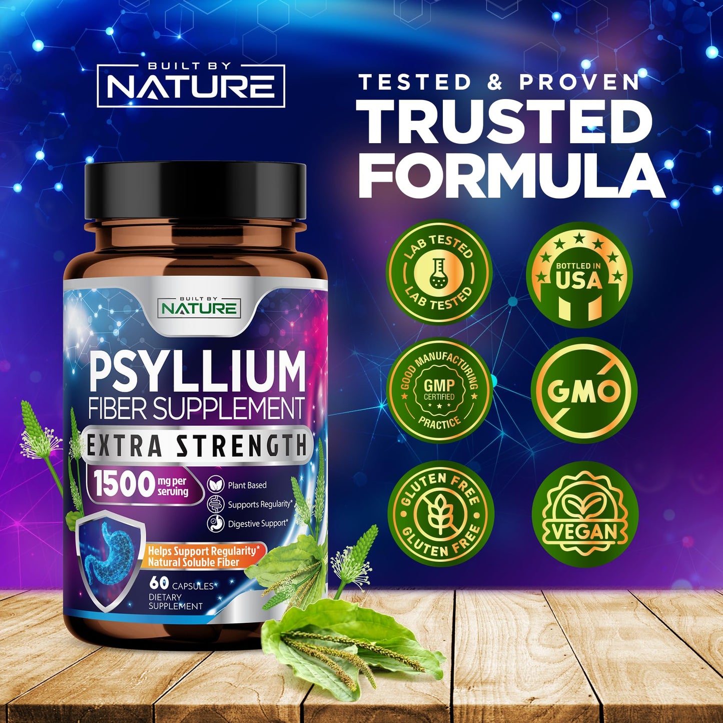 Built by Nature Psyllium Husk Capsules 2000mg, 60 Capsules