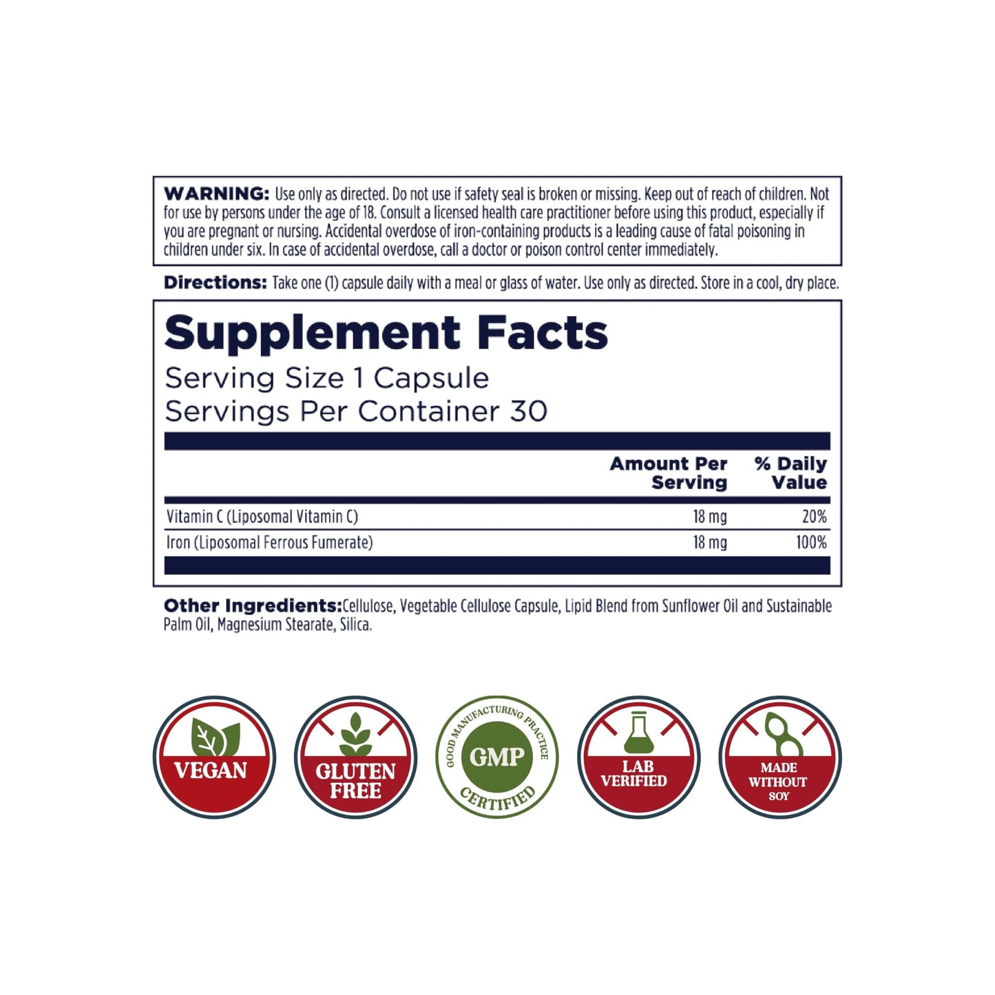 KAL Liposomal Iron Supplement with Liposomal Vitamin C Capsule 30 Count