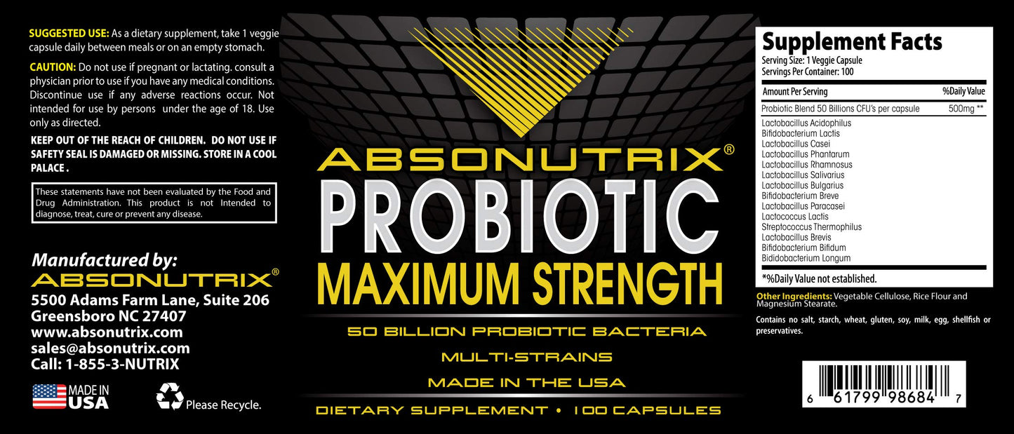 Absonutrix Probiotic Maximum Strength 50 Billion Per Capsule Multi-Strain, 100 Capsules