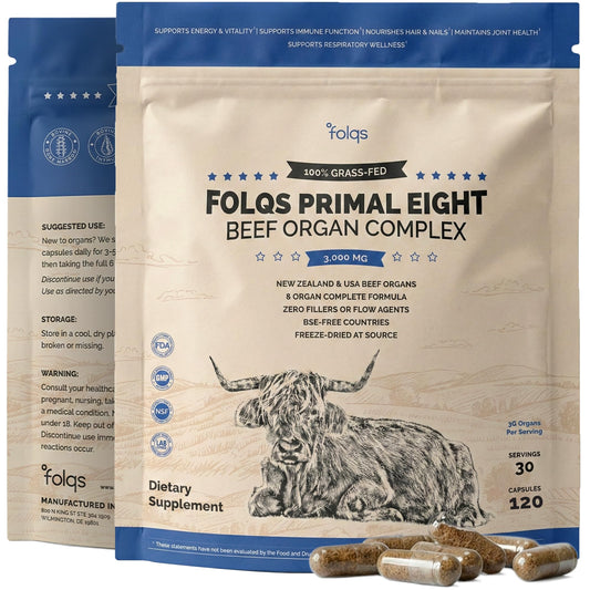 Folqs Grass Fed Beef Organ Supplement 3000mg (8 Organs) Freeze-Dried Capsule, 1 Count