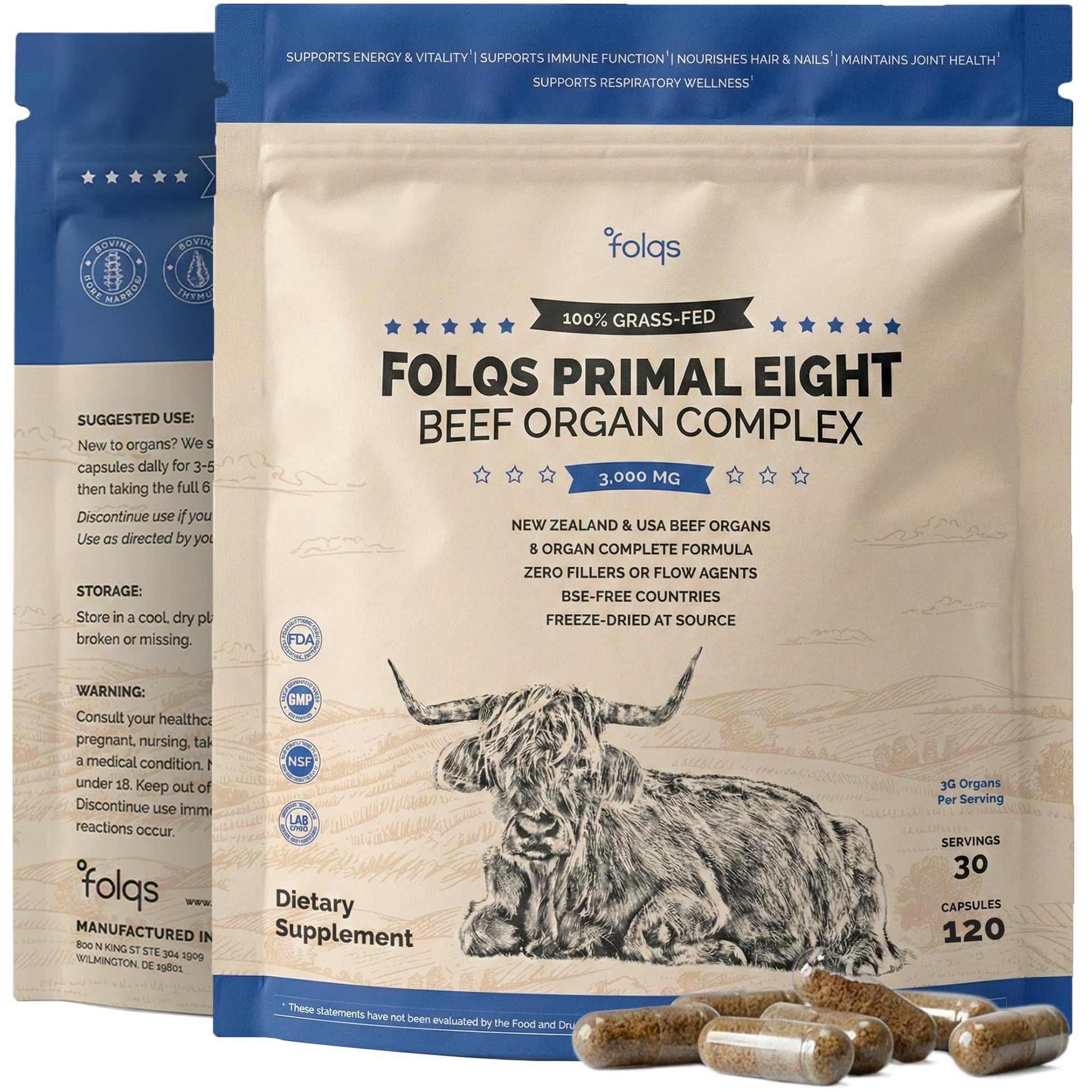 Folqs Grass Fed Beef Organ Supplement 3000mg (8 Organs) 120 Capsules