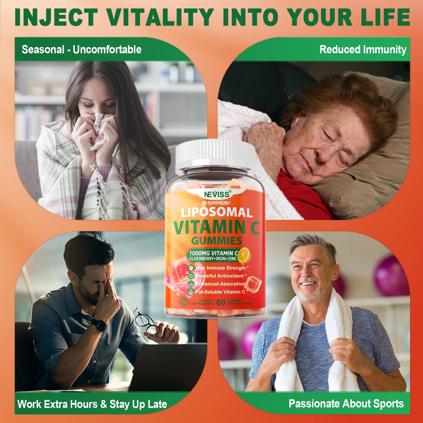 Liposomal Vitamin C 1000mg Gummies for Adults - Vitamin C Chewable 1500mg with 8mg Iron, Zinc & Elderberry - Immune Support, Immune Booster Supplement - for Energy, Collagen Booster, 2Pack Sugar Free