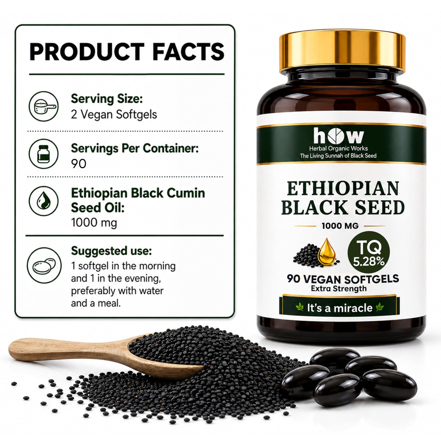 Herbal Organic Works Ethiopian Black Seed Oil Softgels 1000mg 5.28% TQ Cold Pressed, 90 Softgels