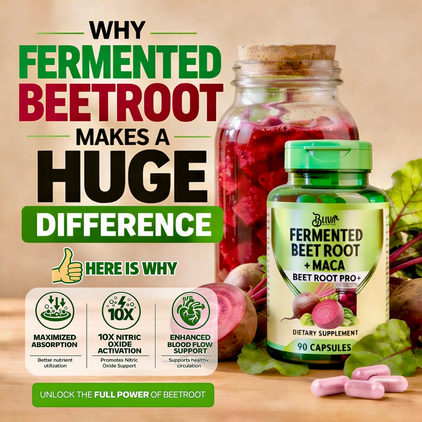 BLIVA NUTRITION Organic Fermented Beet Root with Maca Capsules 1200mg, 90 Capsules