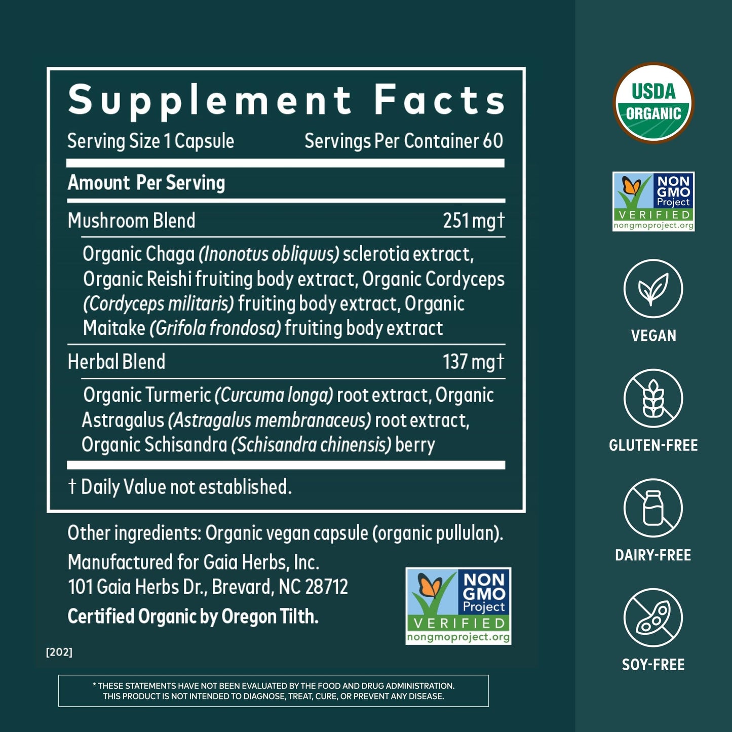 Gaia Herbs Everyday Immune Mushroom & Herbal Support Supplement Capsules 60