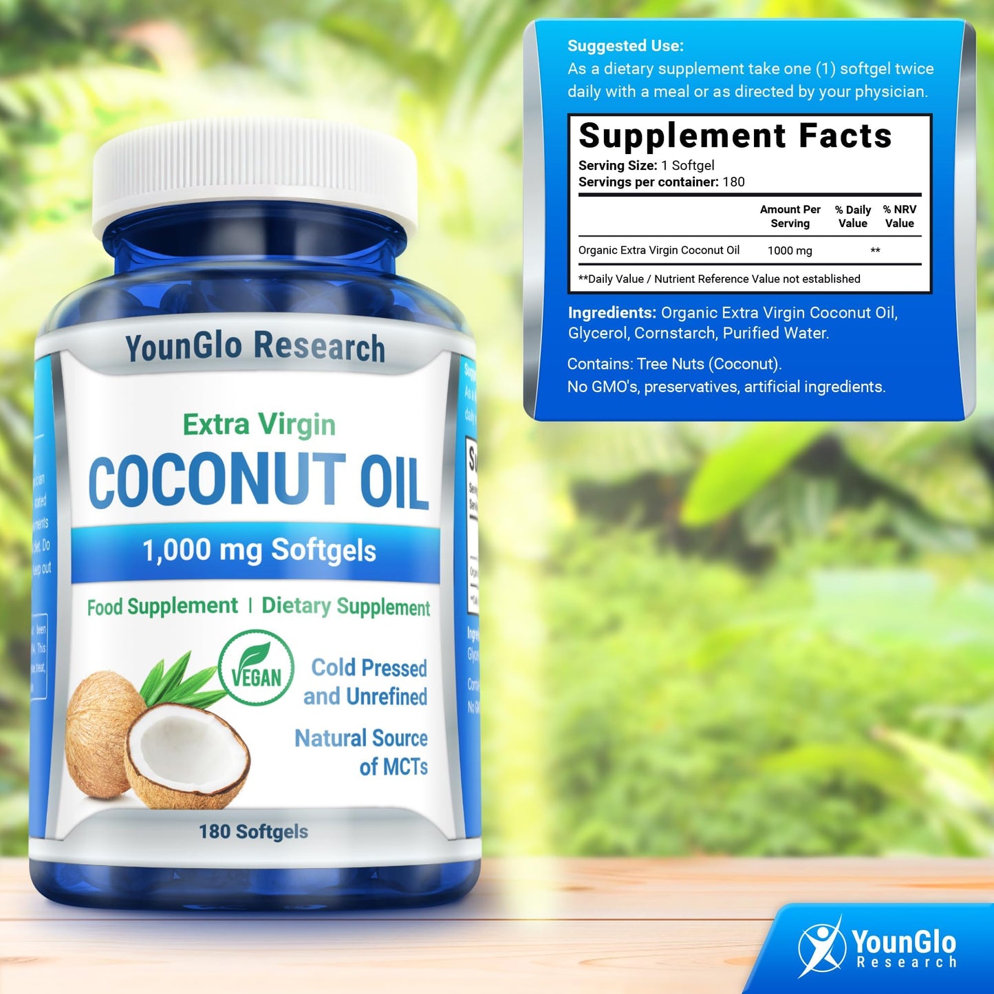 YounGlo Research Coconut Oil 1000 mg 100% Cold-Pressed Organic Extra Virgin Coconut Oil Softgel 180
