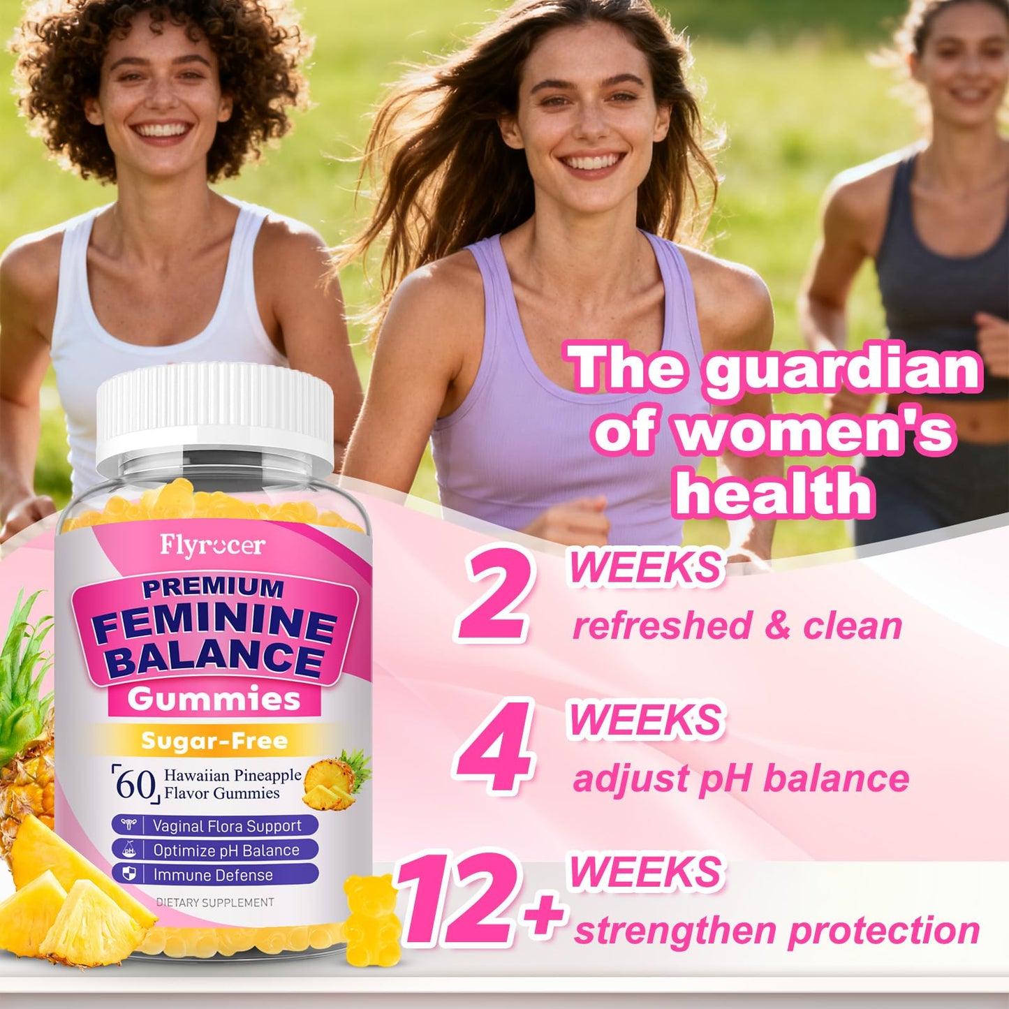 Flyrocer Feminine Balance Gummies for Women, Pineapple Flavor, 60 Count