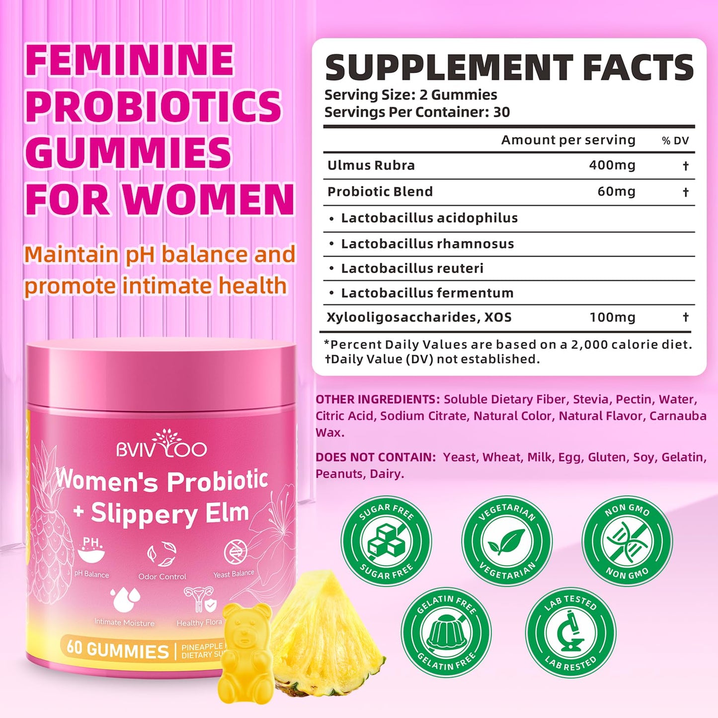 BVIVLOO Women's Probiotic Slippery Elm Gummies, 60 Count