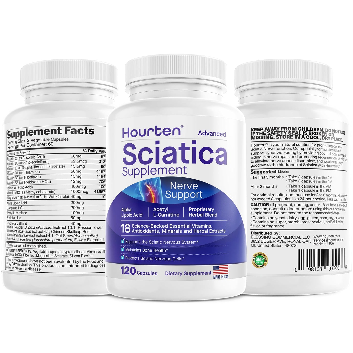 Hourten Advanced Sciatic Nerve Support Relief: Alpha Lipoic Acid - 18 in 1 Sciatica Supplements - Vitamin B Complex Capsules, 120 Count