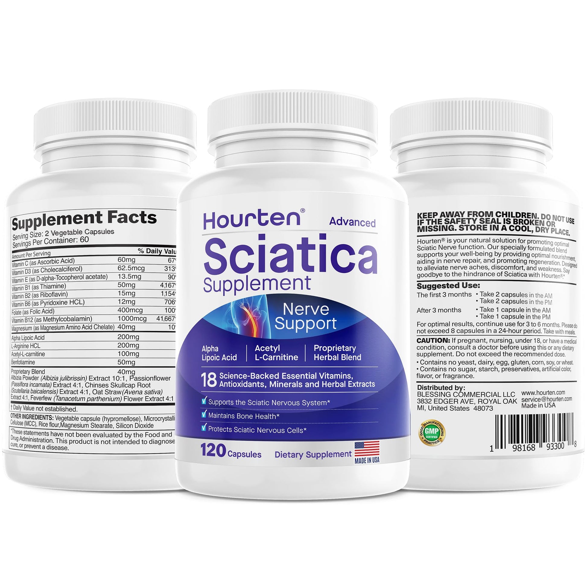 Hourten Advanced Sciatic Nerve Support Relief: Alpha Lipoic Acid - 18 in 1 Sciatica Supplements - Vitamin B Complex Capsules, 120 Count