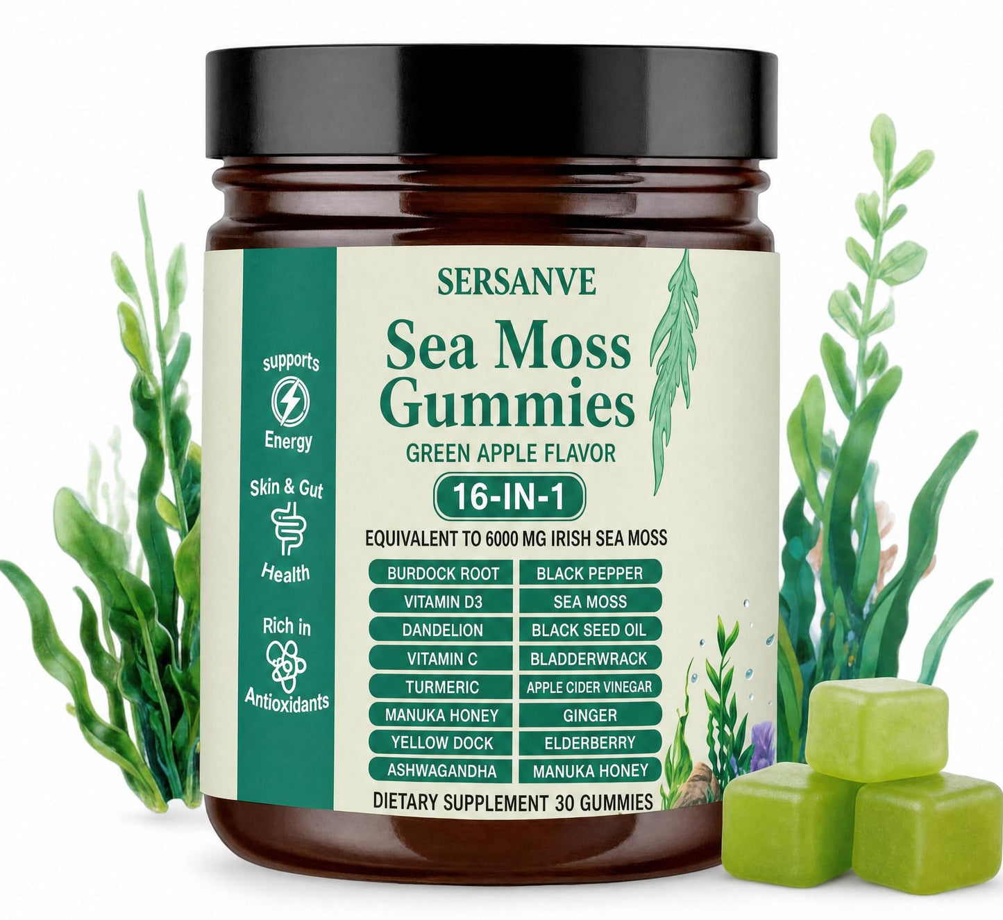 SERSANVE Sea Moss Gummies 16-in-1 with Ashwagandha Black Seed Oil Gummy, 30 Count