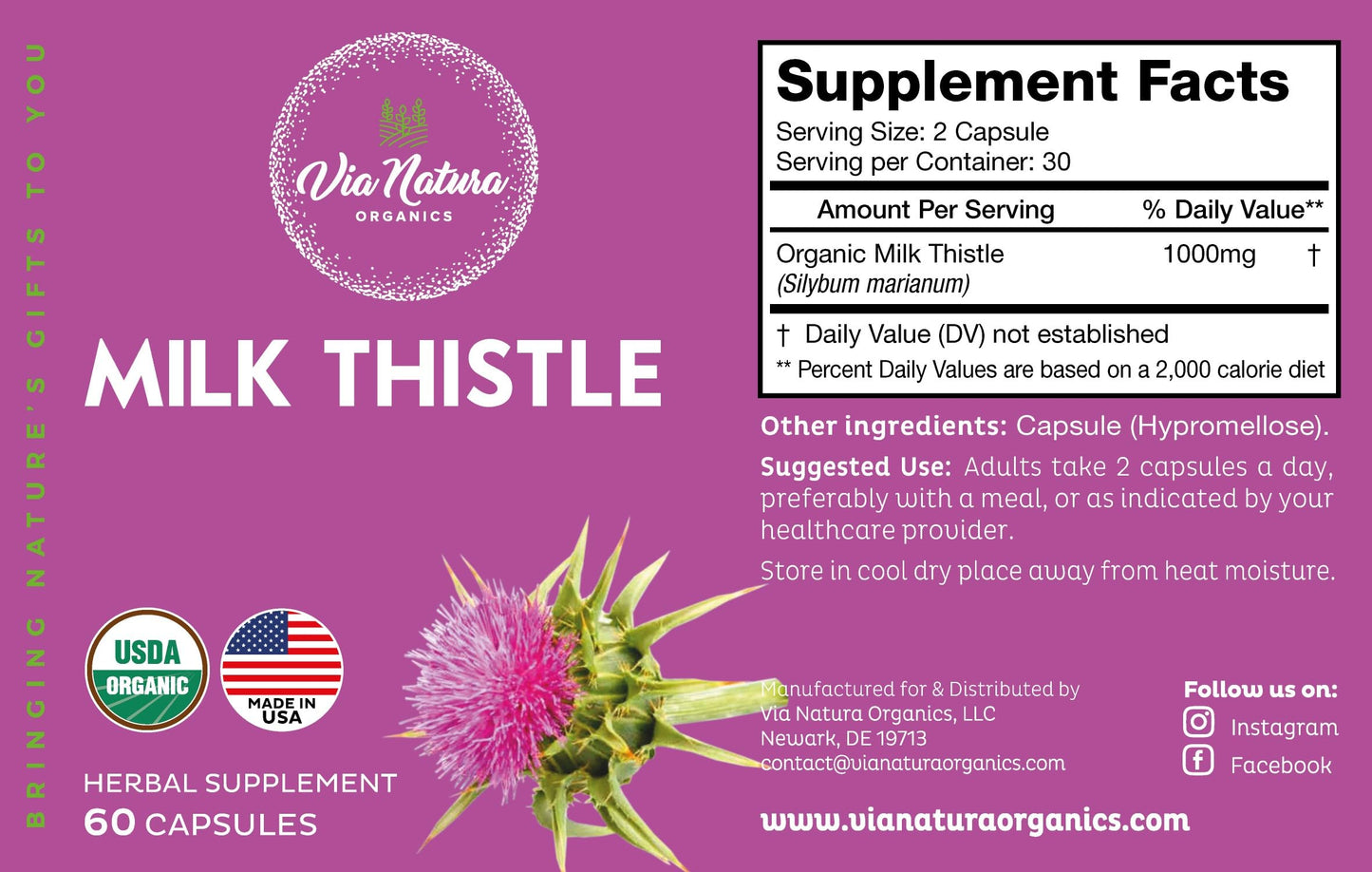 Via Natura Organics Milk Thistle 1000mg, 60 Capsules
