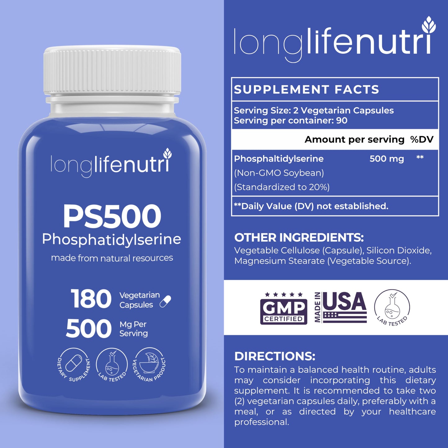 LongLifeNutri Phosphatidylserine Pure 500mg Capsule, 180 Count