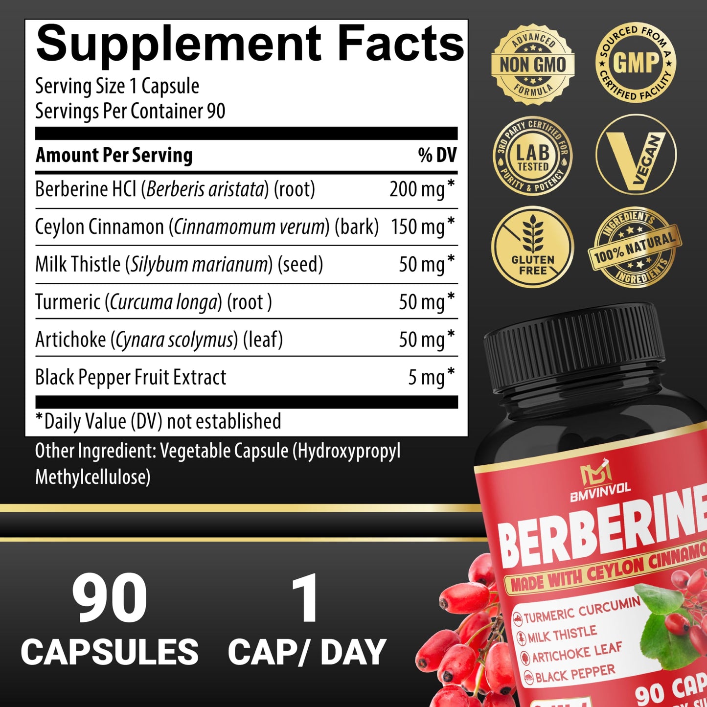 BMVINVOL Berberine, Ceylon Cinnamon, Turmeric, Milk Thistle, Artichoke, Black Pepper Capsules 90