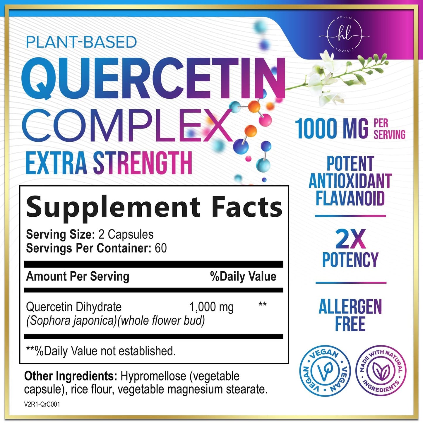 Hello Lovely! Quercetin Dihydrate 1000mg Veggie Capsules, 120 Count