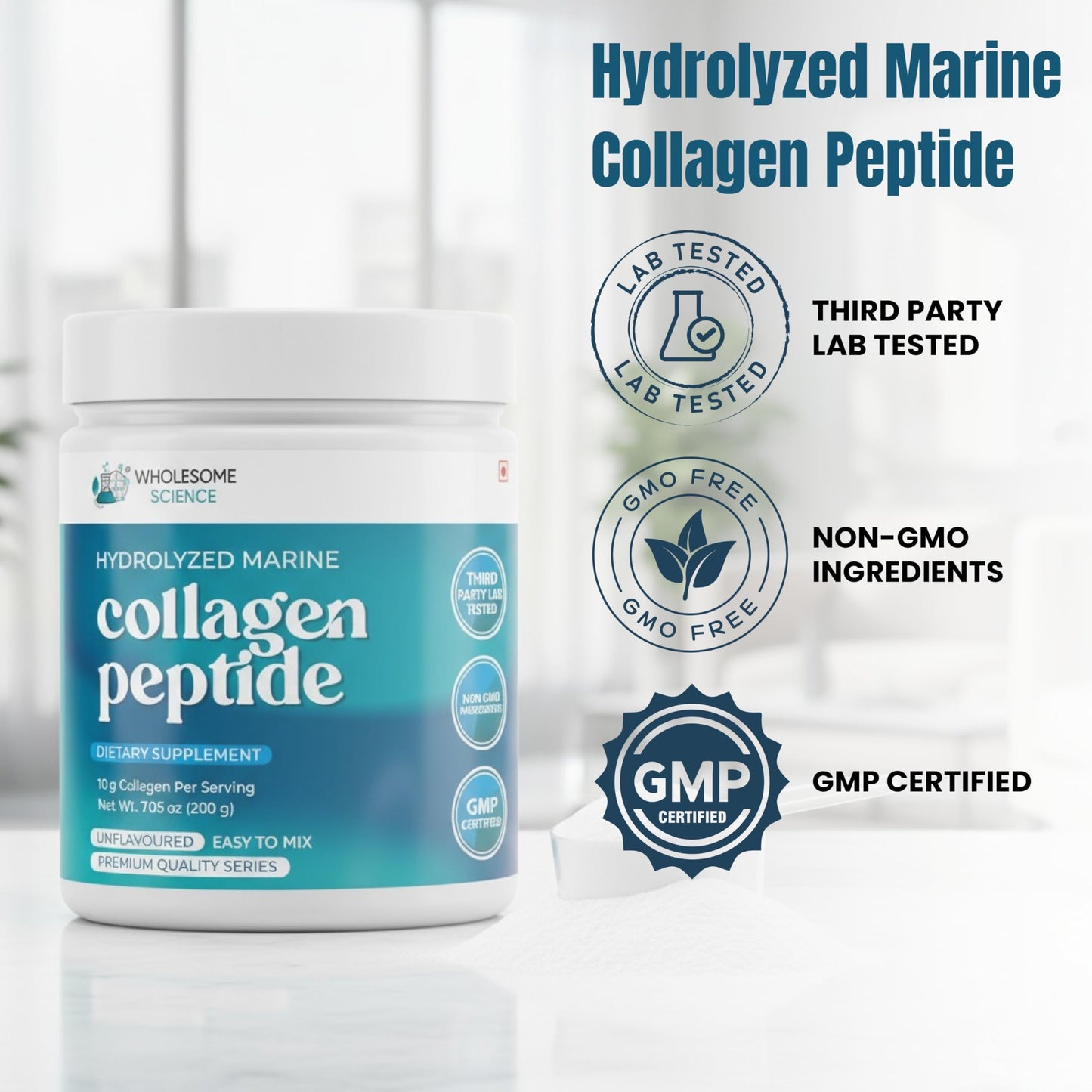 WHOLESOME SCIENCE Hydrolyzed Marine Collagen Peptides Powder – Collagen Peptide Formula for Skin, Hair & Nails – Non-GMO, Third-Party Lab Tested, Dietary Supplement – 7.05 oz