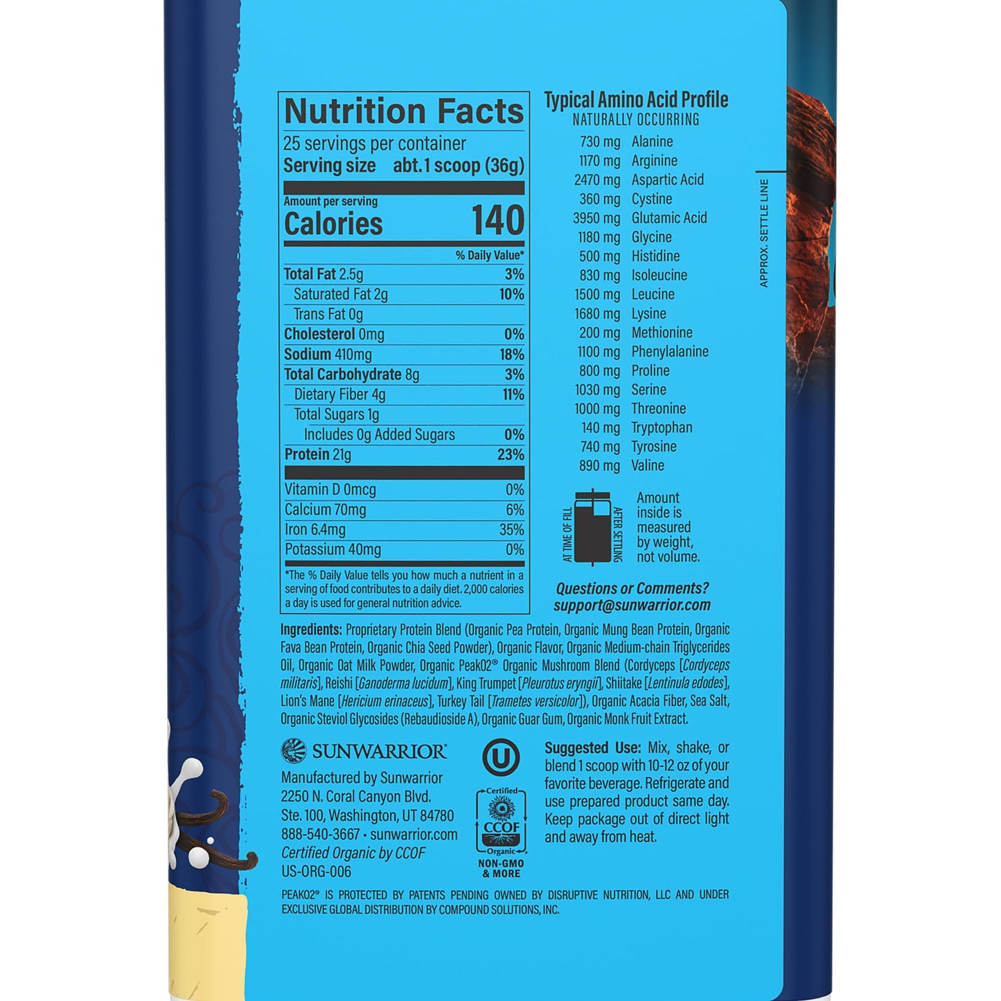Sunwarrior Organic Protein Powder Warrior Blend + Mushroom Vanilla, 12.8 Ounce
