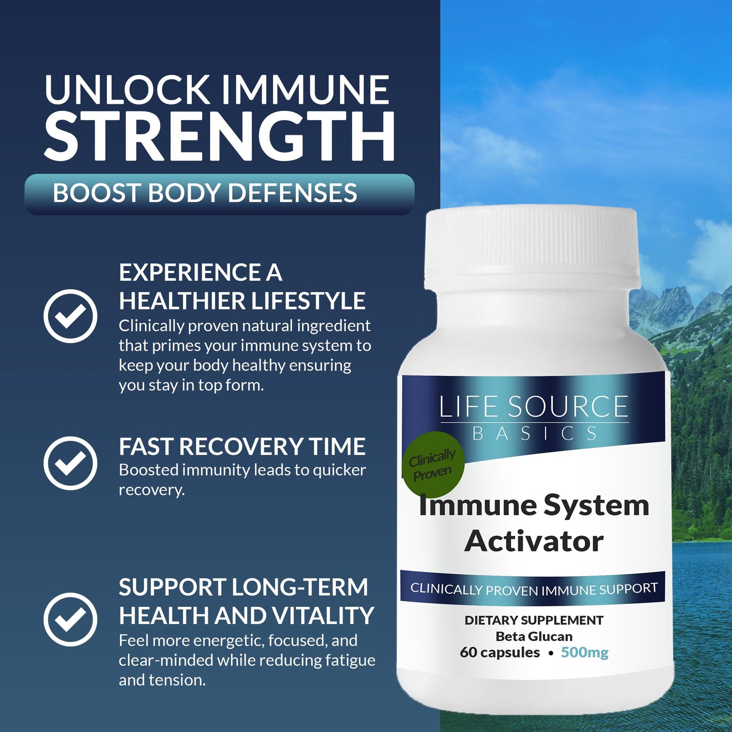 Life Source Basics Immune System Support Activator with Beta-1,3/1,6 Glucan 500 mg, 60 Capsules