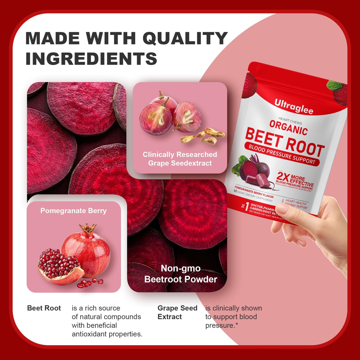 Ultraglee Beet Chews with Grape Seed Extract & Beet Root Powder Energy Supplement, 120 Chews