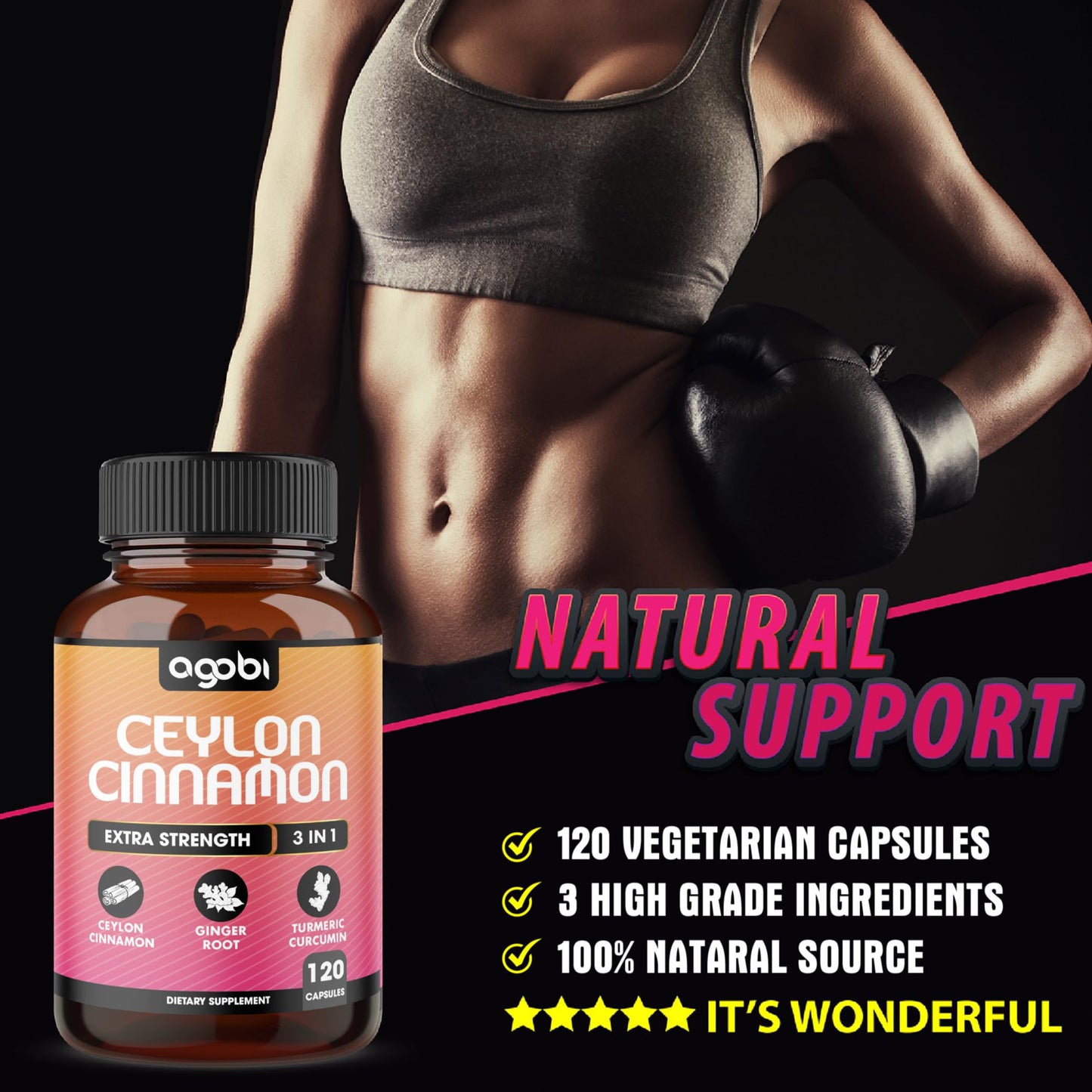 agobi Ceylon Cinnamon Capsules with Ginger Root and Turmeric Curcumin, 120 Count