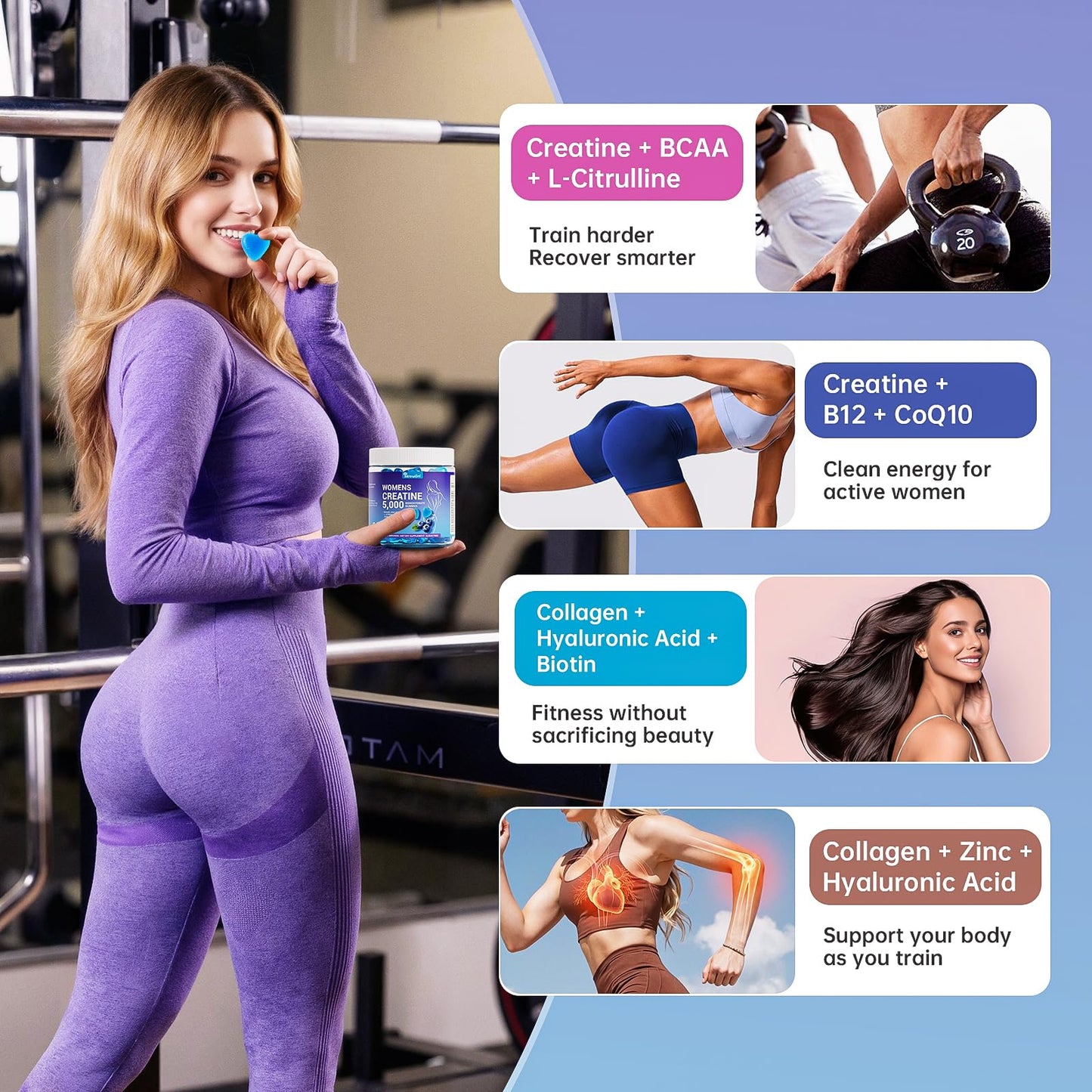 IIEltruiom Creatine Gummies for Women 5000mg, Sugar Free Creatine Monohydrate Chews with Collagen & BCAA, Pre Workout Supplement, 90 Gummies