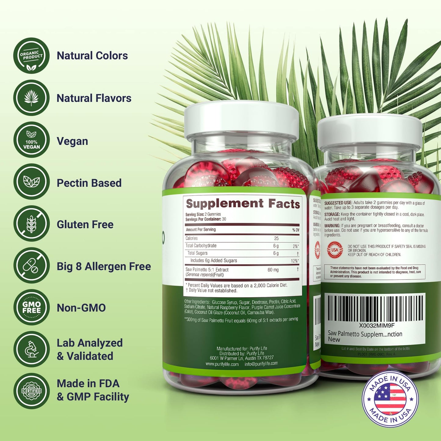 Purify Life Saw Palmetto Gummies for Men & Women - Saw Palmetto Extract Supplement for Hair Appearance, Hormone Balance & Prostate Wellness - Vegan Pectin Formula, Non-GMO, Gluten Free - 60 Count