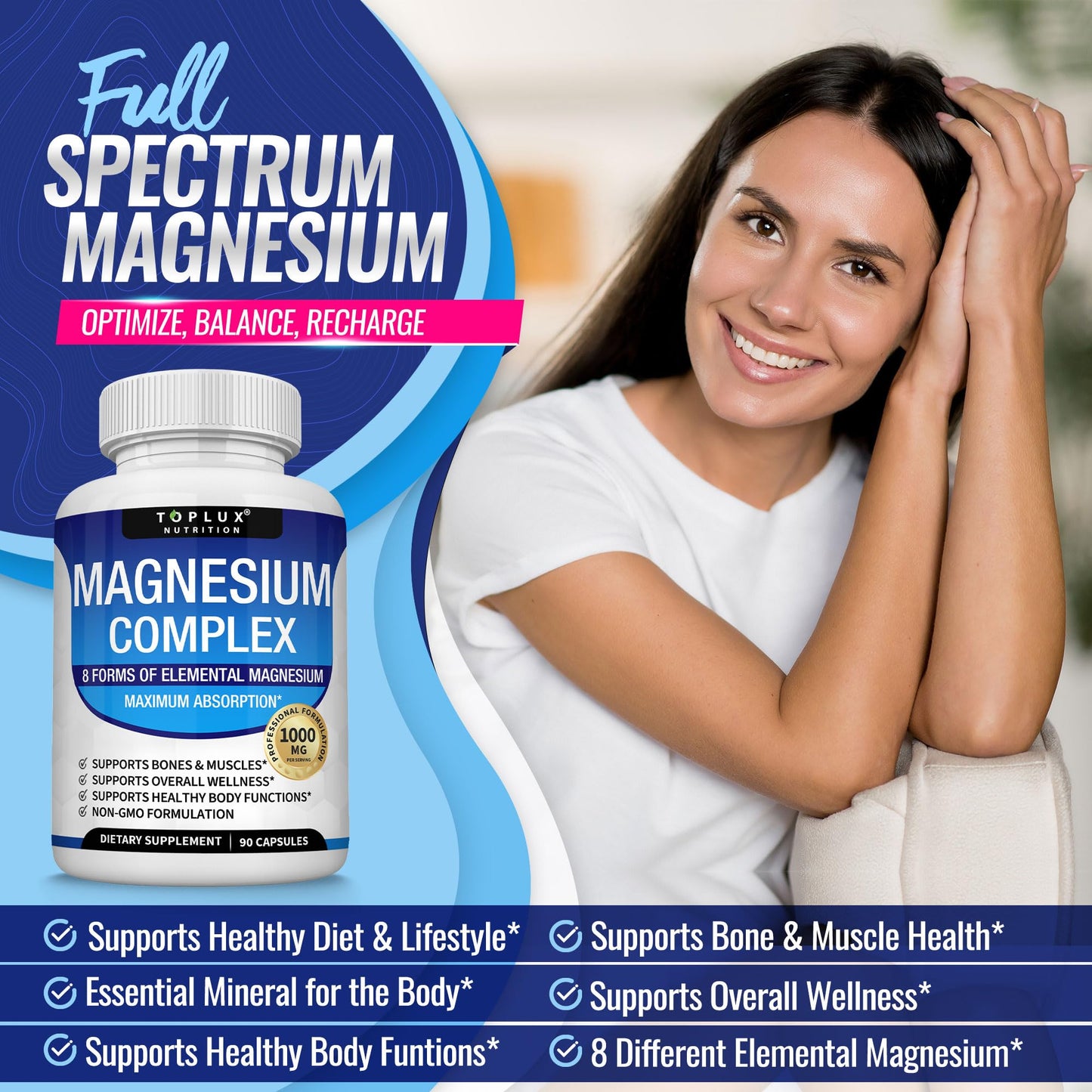 Toplux Magnesium Complex Supplement 8 Elemental 1000mg Capsule, 90 Capsules