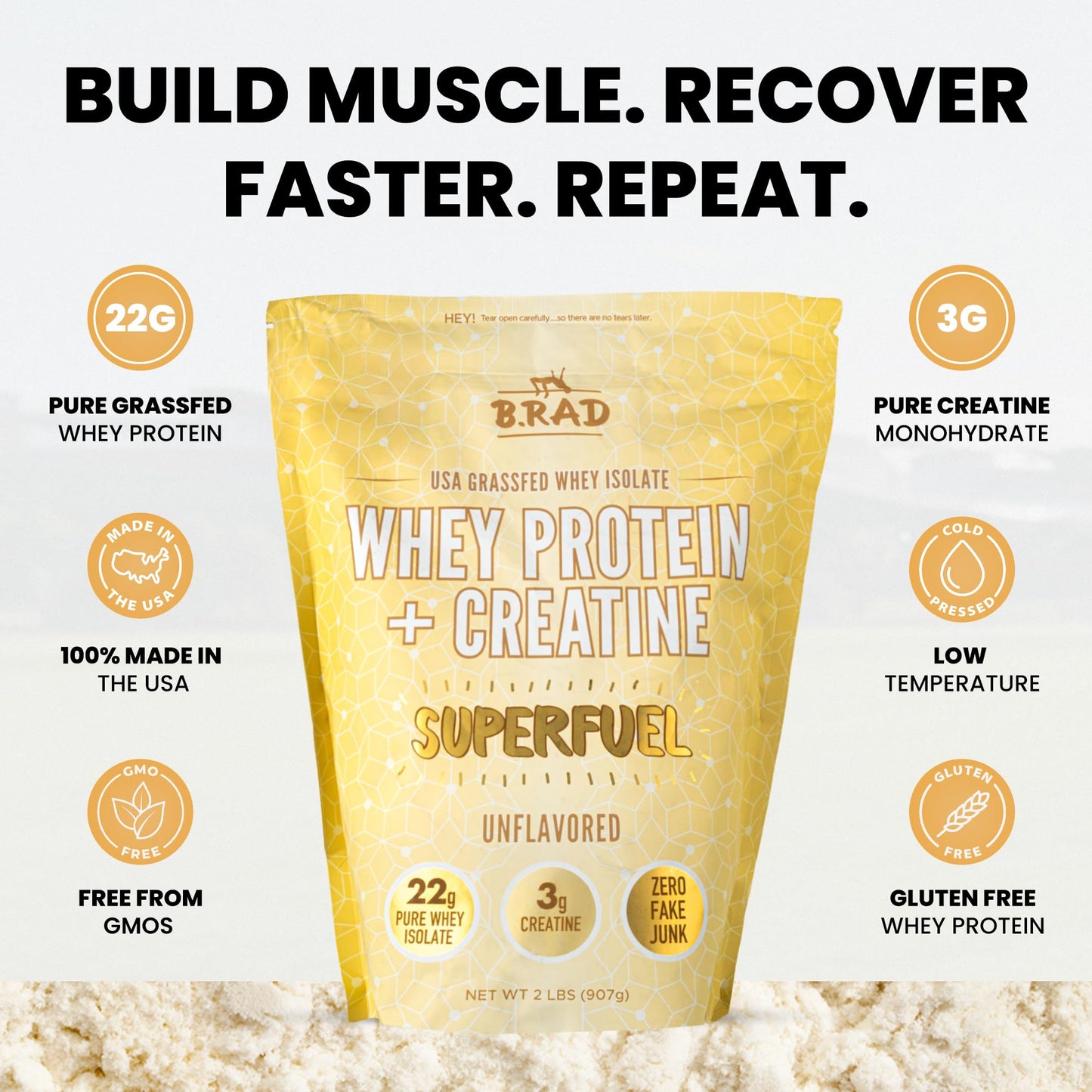 B.rad Superfuel Grass-Fed Whey Protein Isolate Powder with Creatine, 32 Servings