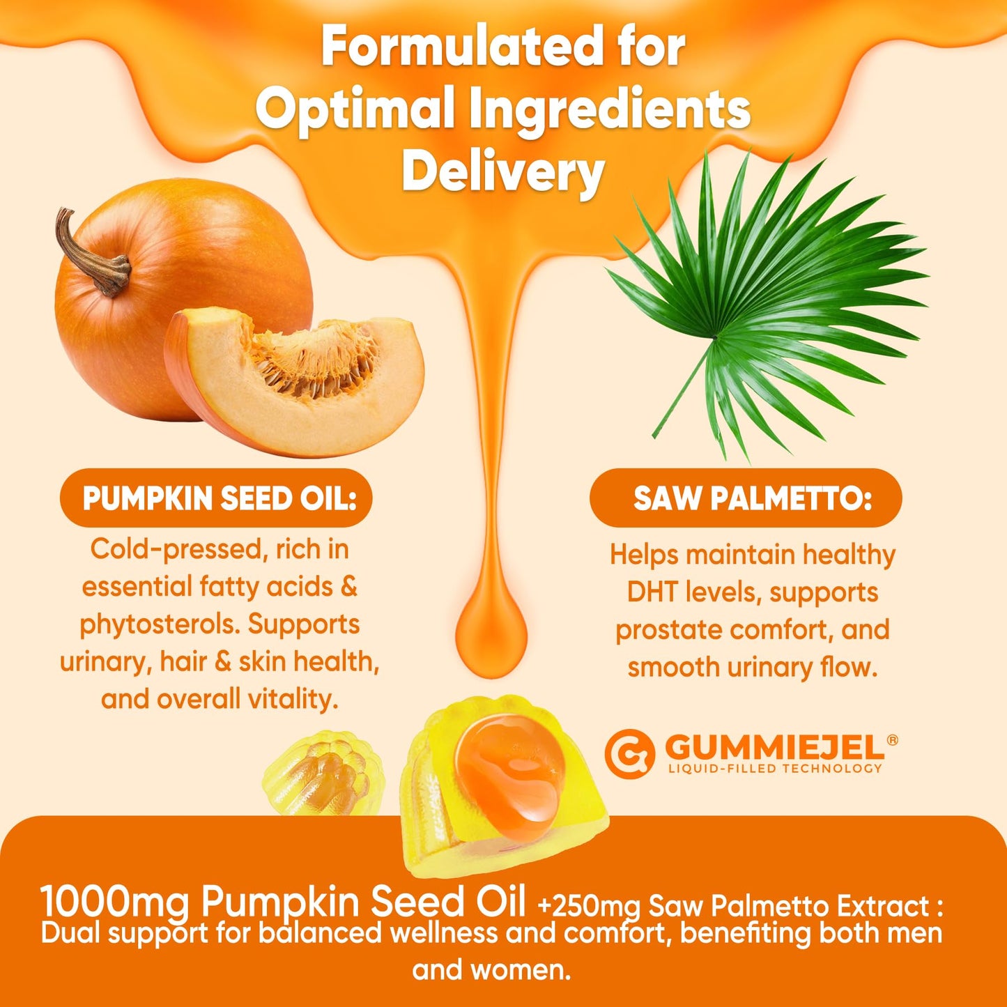 LILICARE Pumpkin Seed Oil Gummy 1000mg with Saw Palmetto, Cranberry, Lycopene, Vitamin E, Zinc, Cold-Pressed Pure Virgin Pumpkin Seed Oil for Hair Growth, Skin, Urinary & Prostate Health, 60 Count