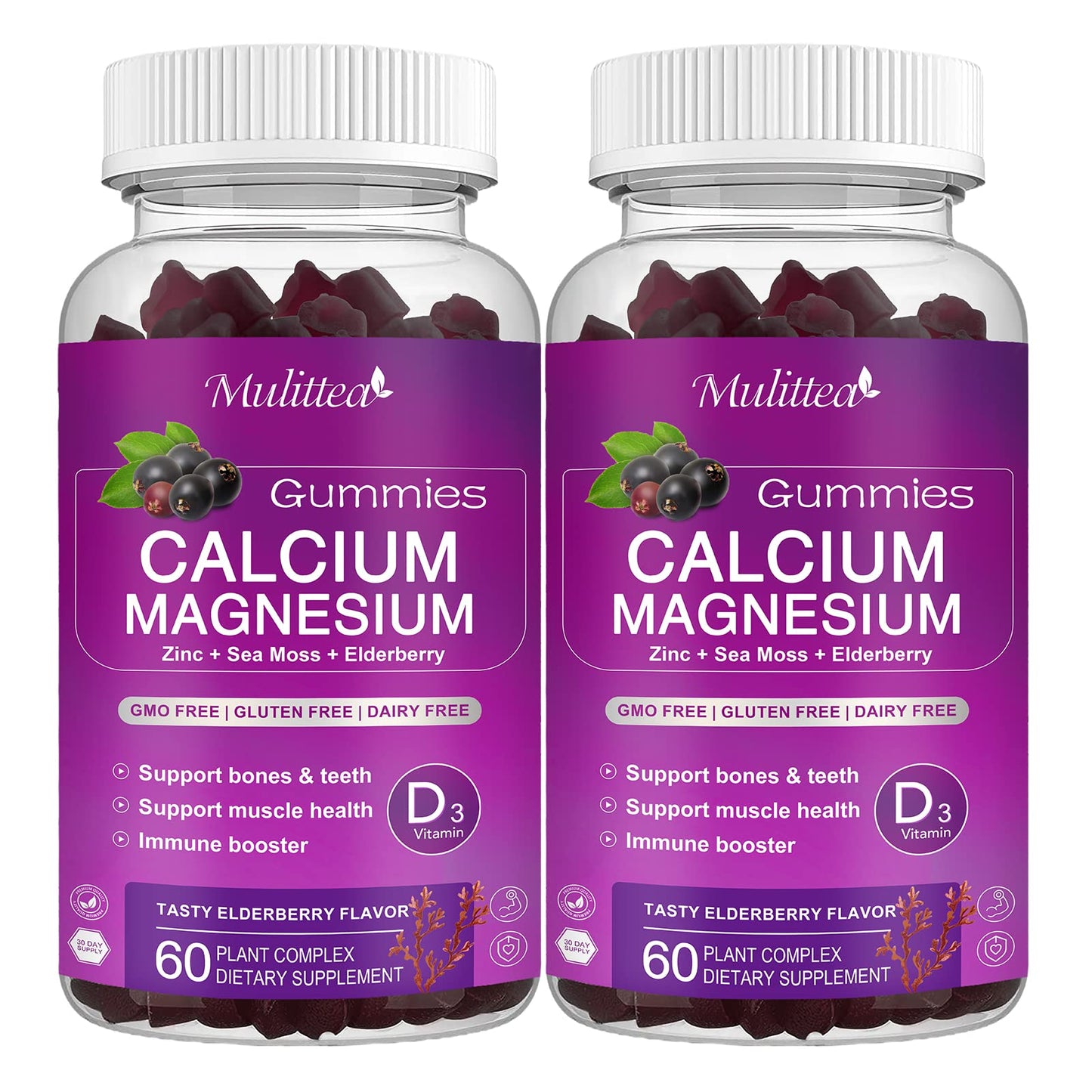 Calcium Magnesium Zinc Gummies with High Absorption Magnesium Glycinate, Potassium -Plant Calcium Supplement w/ D3 & Sea Moss for Bone, Muscles, Calm Mood & Sleep Support- Kids & Adults (2 Pack)