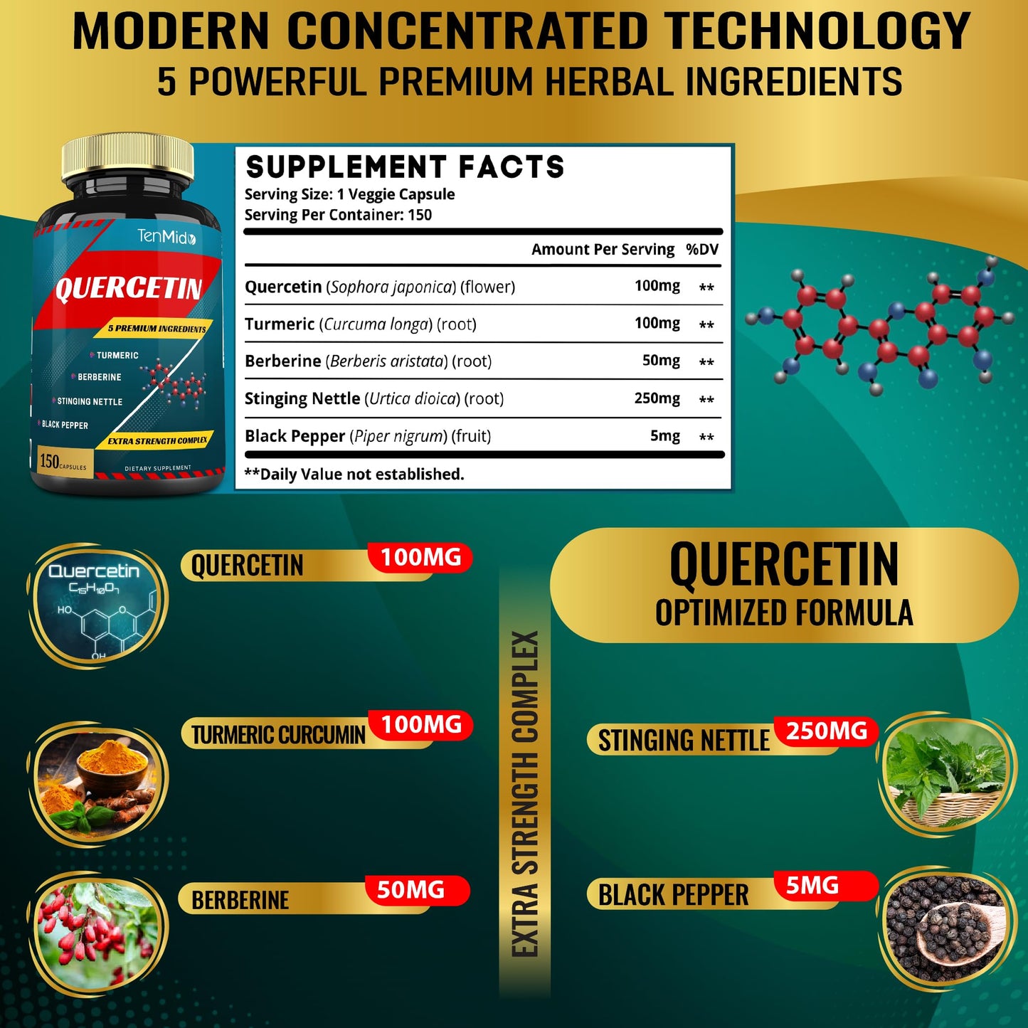 Tenmido Quercetin Supplements 150 Capsules