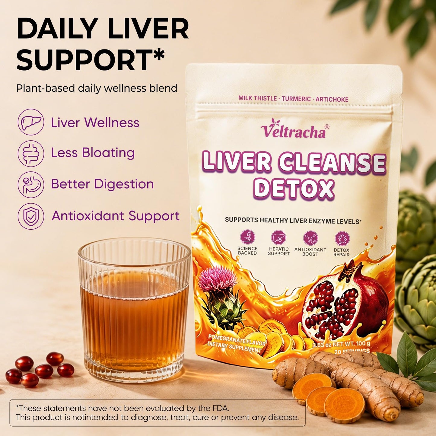 Veltracha Liver Cleanse Detox Powder, Pomegranate Flavor, 3.5 Ounces