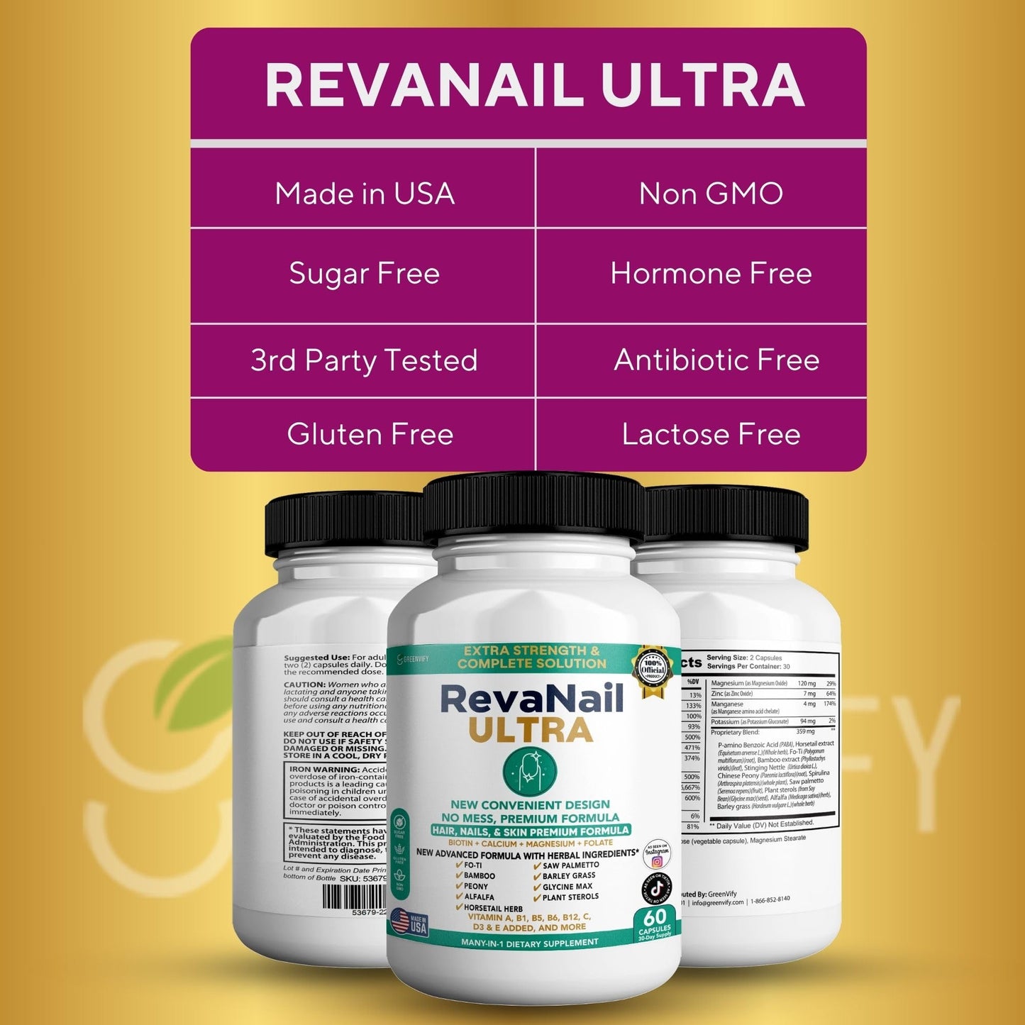 GREENVIFY RevaNail Ultra Hair, Nails & Skin Formula, Biotin, with Folate, Magnesium, Herbal Blend, 60 Capsules