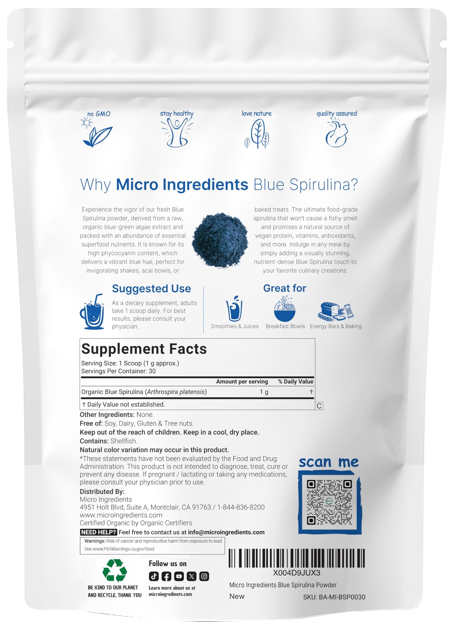 Micro Ingredients Organic Blue Spirulina Powder (Phycocyanin Extract), 1.06 oz