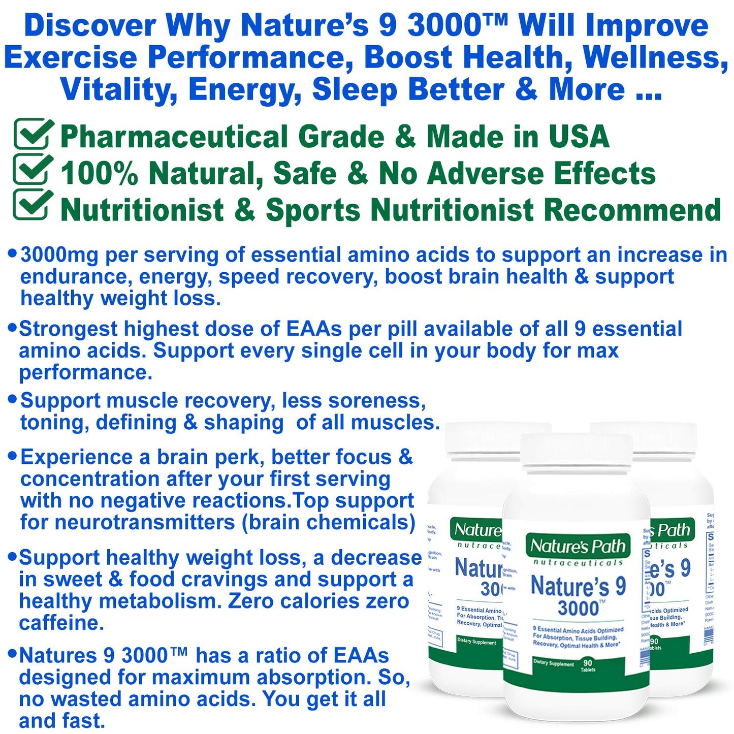 NATURE'S PATH NUTRACEUTICALS Nature's 9 3000 Essential Amino Acids Supplement Capsule 90 Count