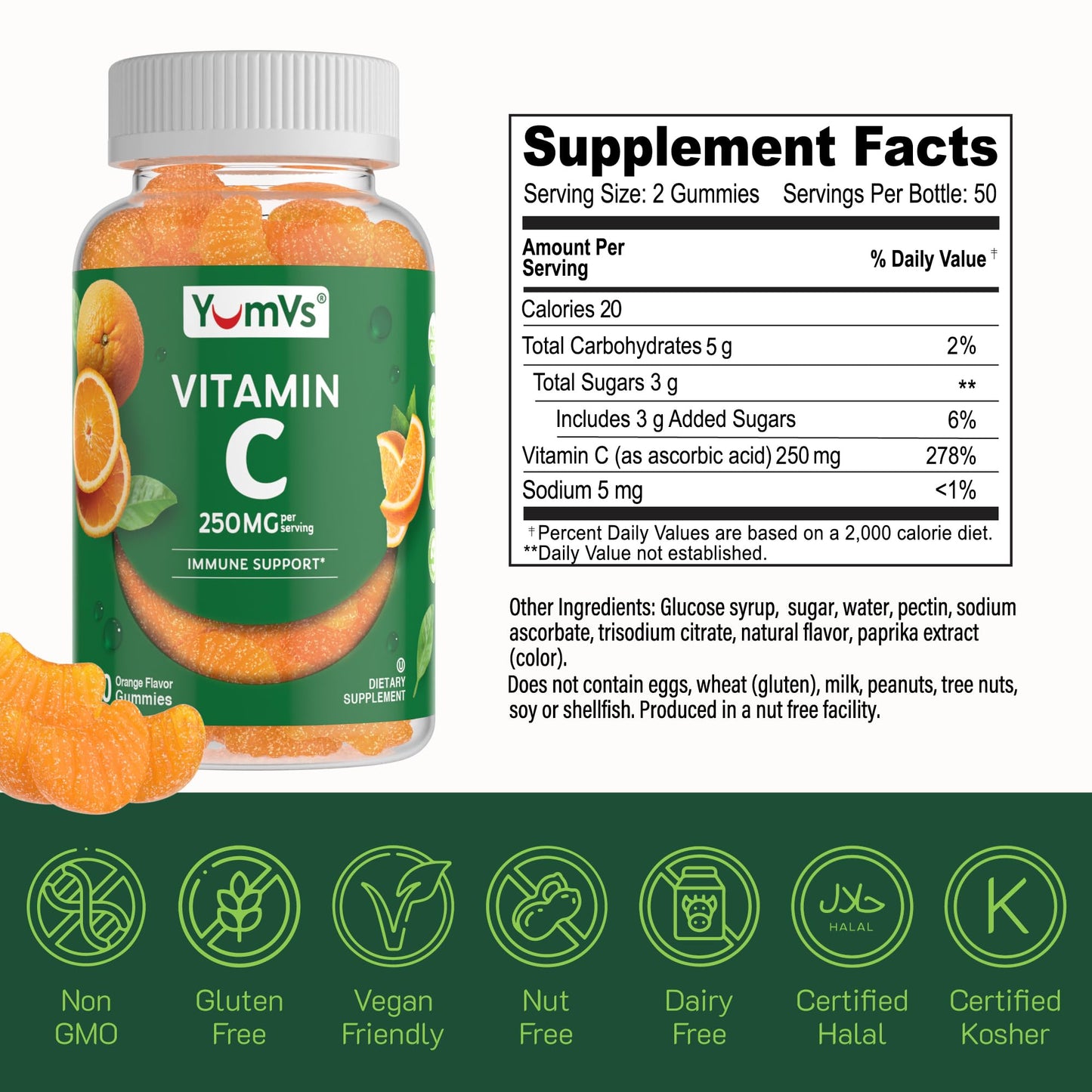 YUM-V'S Vitamin C Gummies for Adults 250 mg Orange Flavor, Immune Support, 200 Count