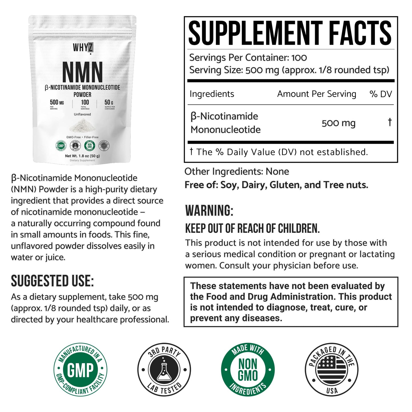 WHYZ NMN Powder (Nicotinamide Mononucleotide) 1.8 oz